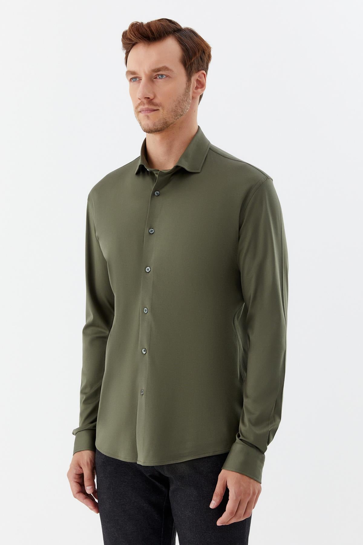 Erkek Haki Dar Kesim Slim Fit %100 Pamuk Düz Dokuma Klasik Yaka Gömlek