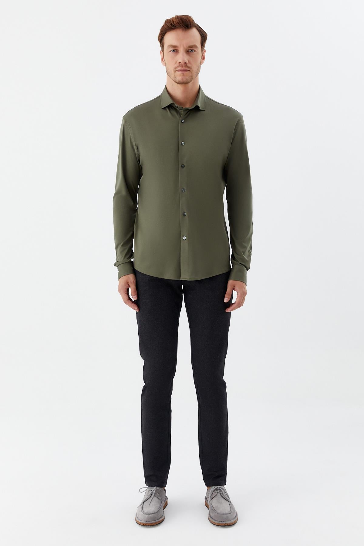 Erkek Haki Dar Kesim Slim Fit %100 Pamuk Düz Dokuma Klasik Yaka Gömlek