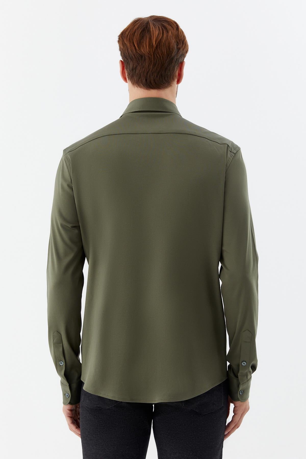 Erkek Haki Dar Kesim Slim Fit %100 Pamuk Düz Dokuma Klasik Yaka Gömlek