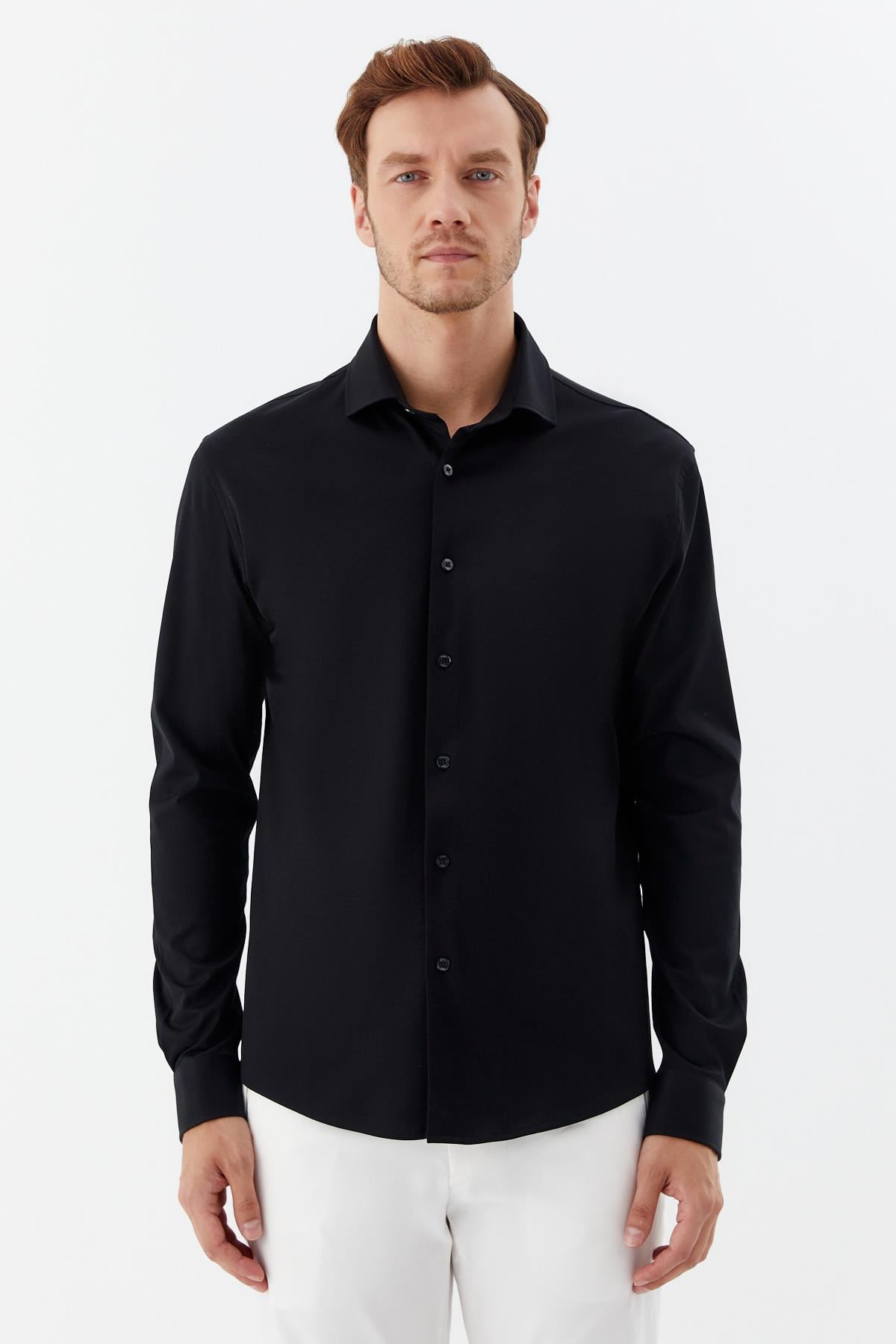 Erkek Siyah Dar Kesim Slim Fit %100 Pamuk Düz Dokuma Klasik Yaka Gömlek