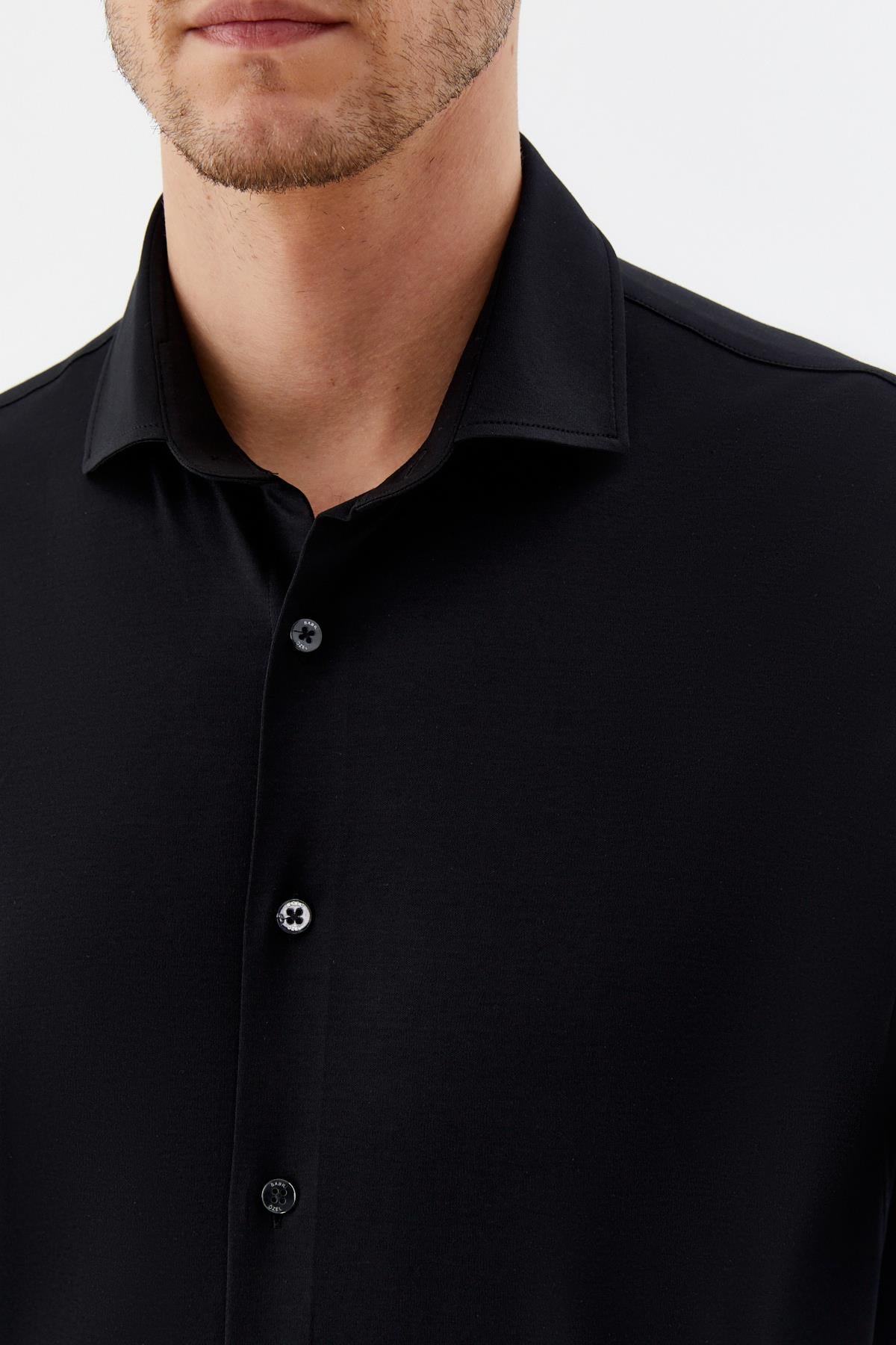 Erkek Siyah Dar Kesim Slim Fit %100 Pamuk Düz Dokuma Klasik Yaka Gömlek