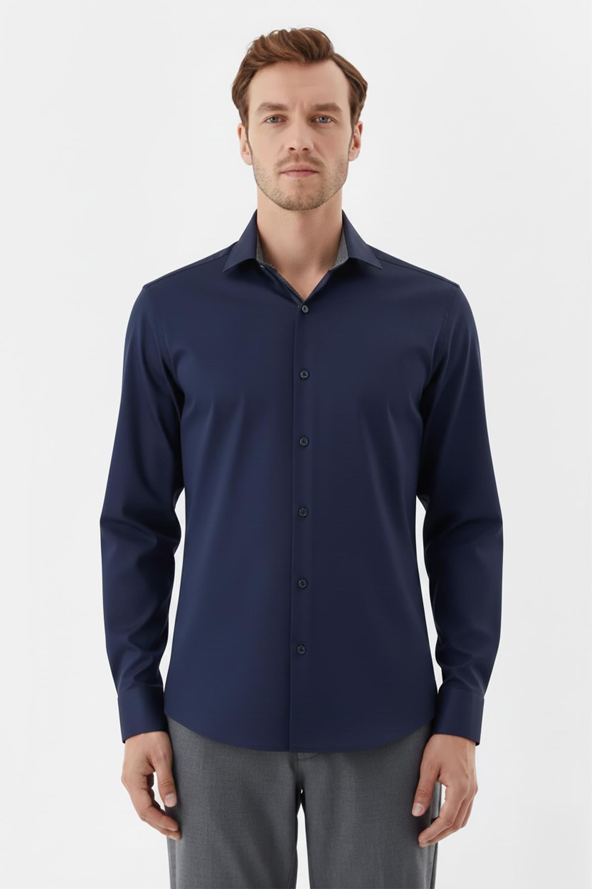 Erkek Lacivert Dar Kesim Slim Fit %100 Pamuk Dokuma Uzun Kollu Klasik Yaka Gömlek