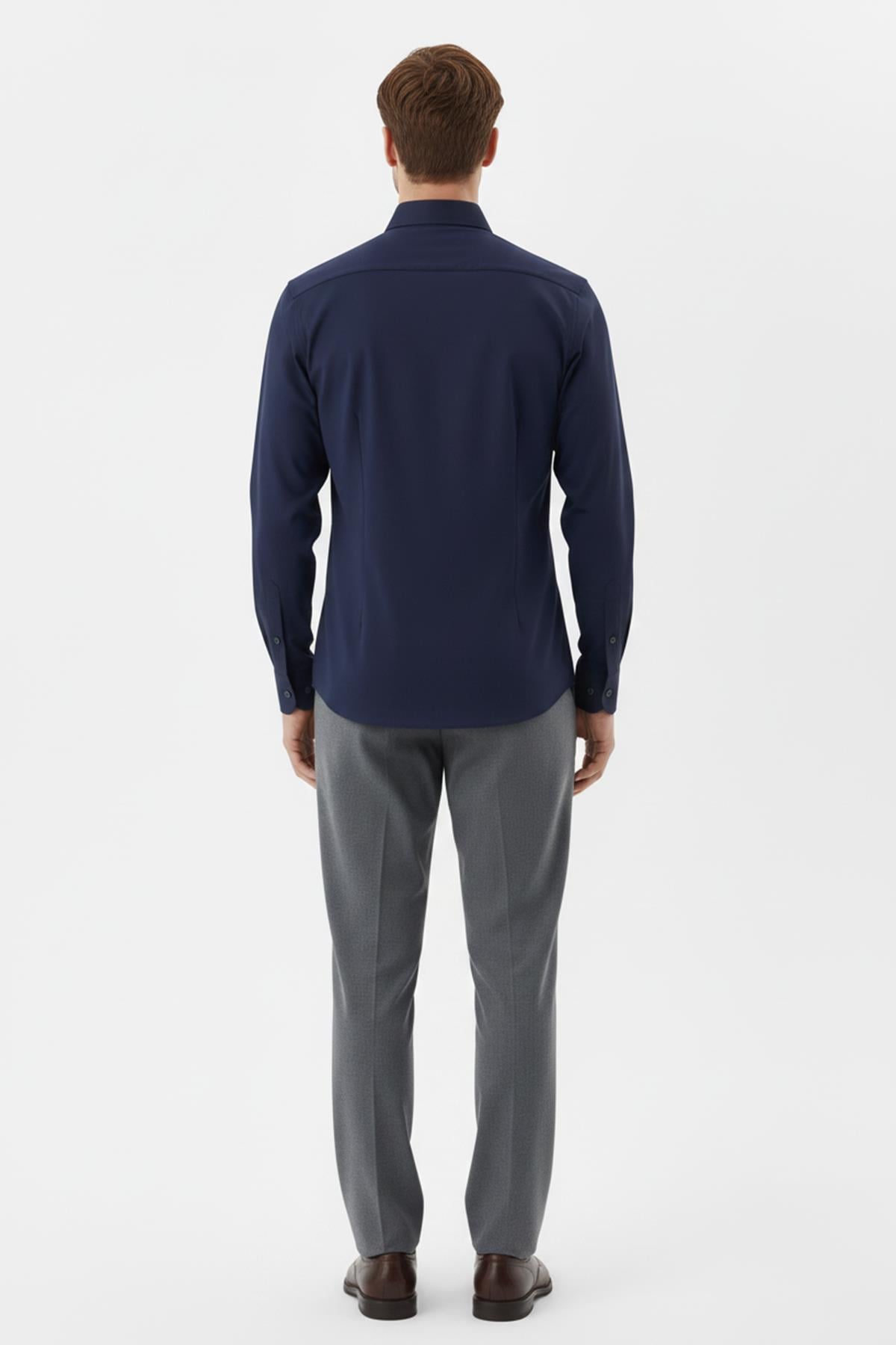Erkek Lacivert Dar Kesim Slim Fit %100 Pamuk Dokuma Uzun Kollu Klasik Yaka Gömlek