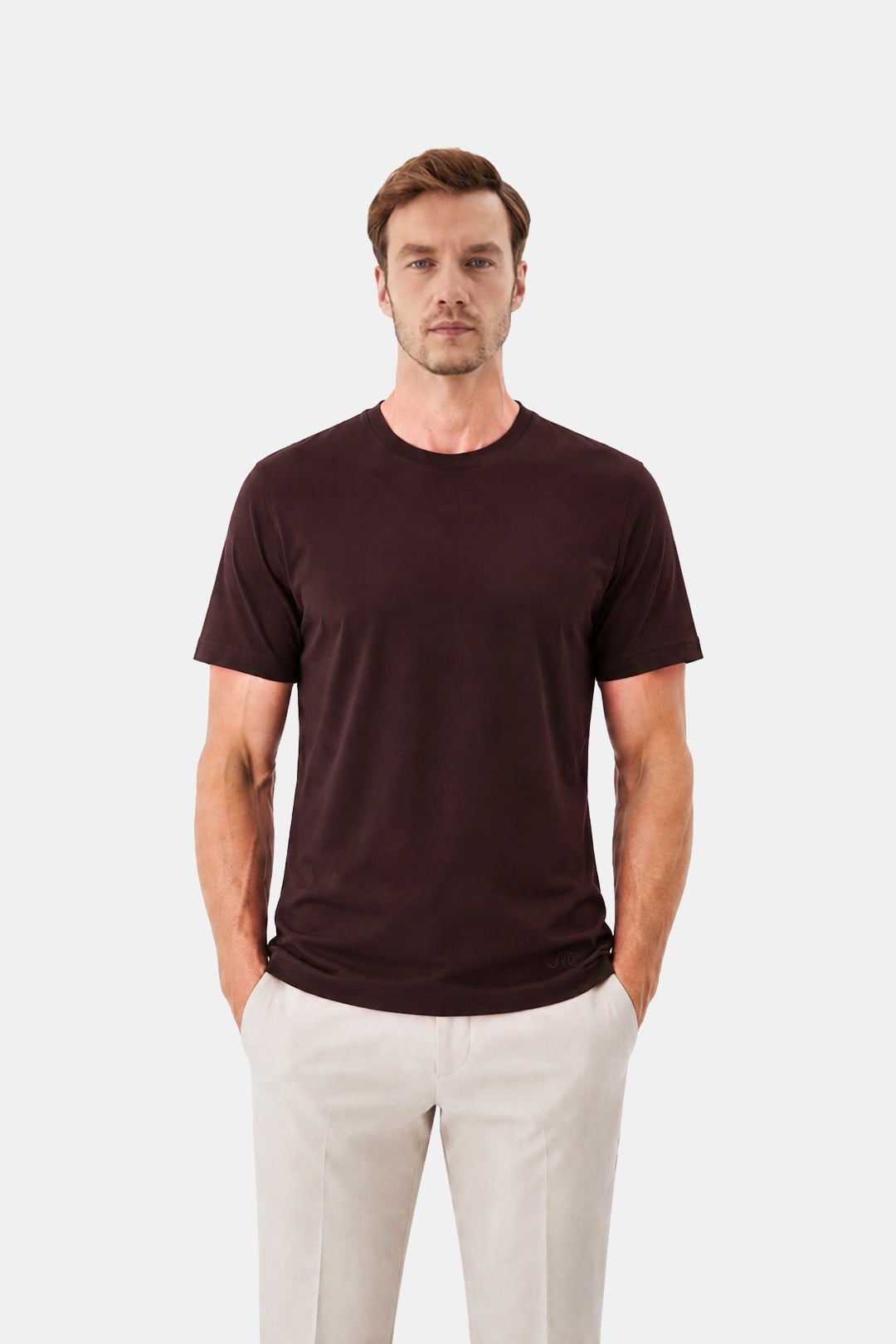Koyu Kahve %100 Pamuk Regular Fit Bisiklet Yaka Basic T-Shirt