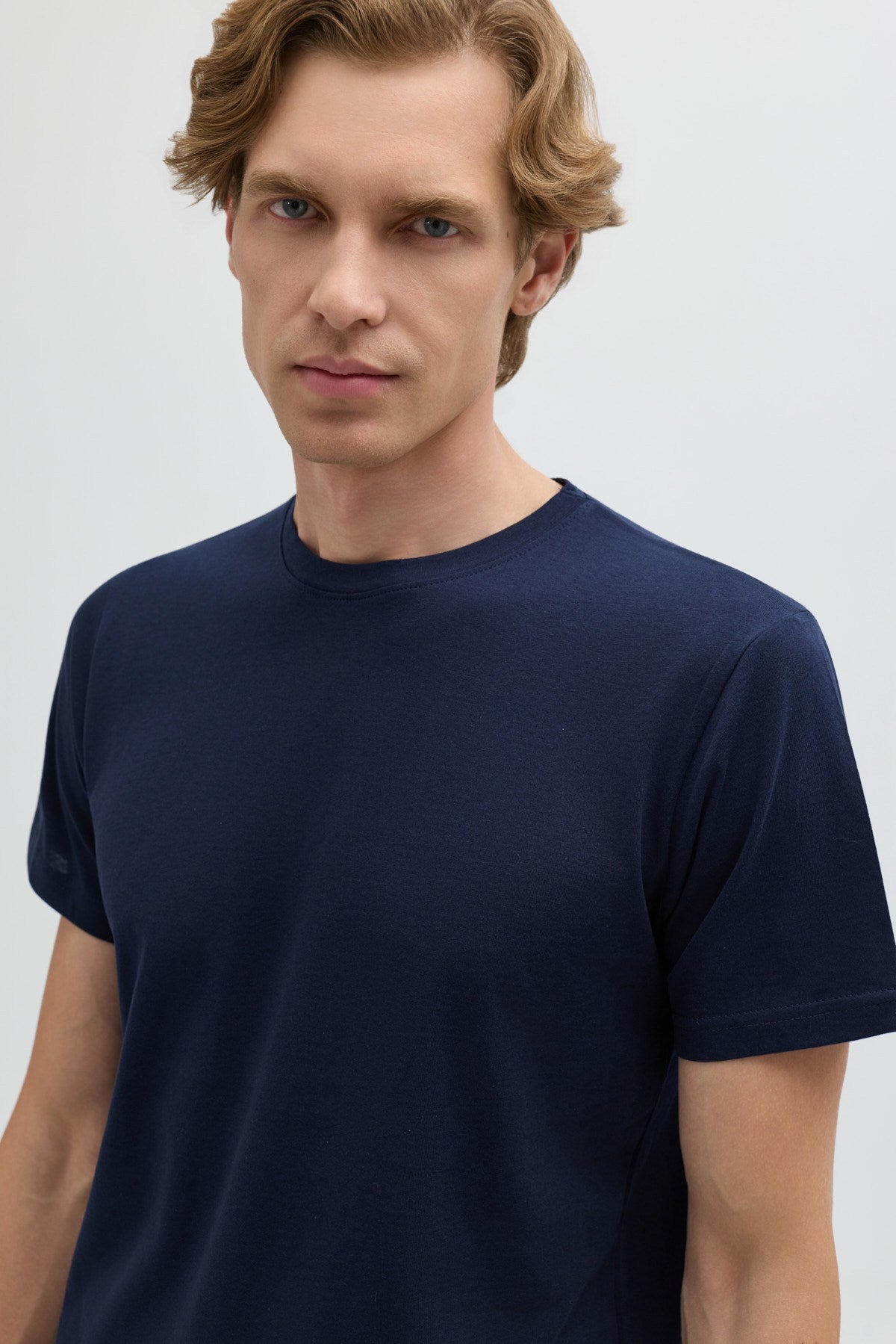 Koyu Lacivert %100 Pamuk Bisiklet Yaka Düz Renk Basic T-Shirt