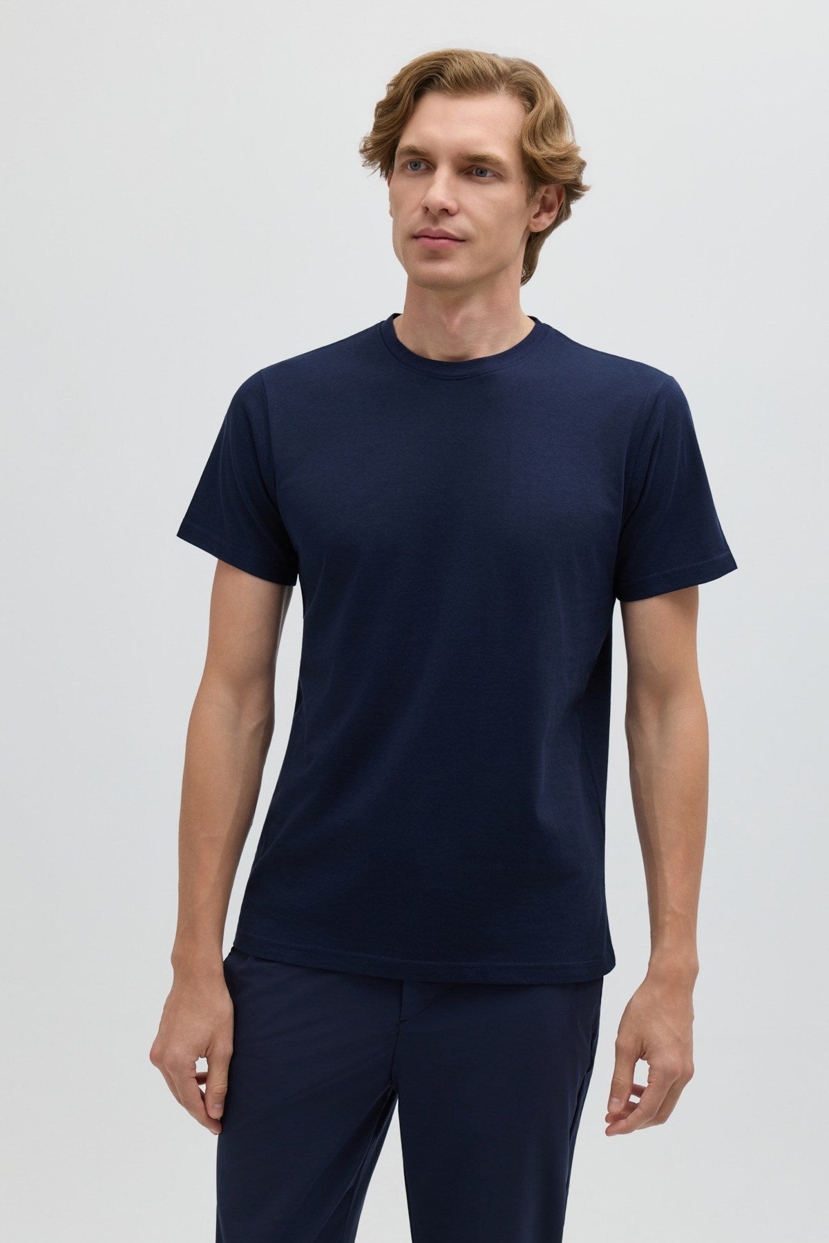 Koyu Lacivert %100 Pamuk Bisiklet Yaka Düz Renk Basic T-Shirt