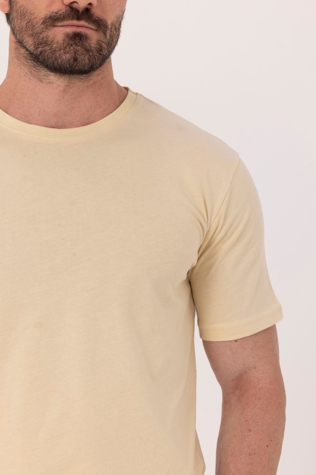 Krem %100 Pamuk Bisiklet Yaka Düz Renk Basic T-Shirt
