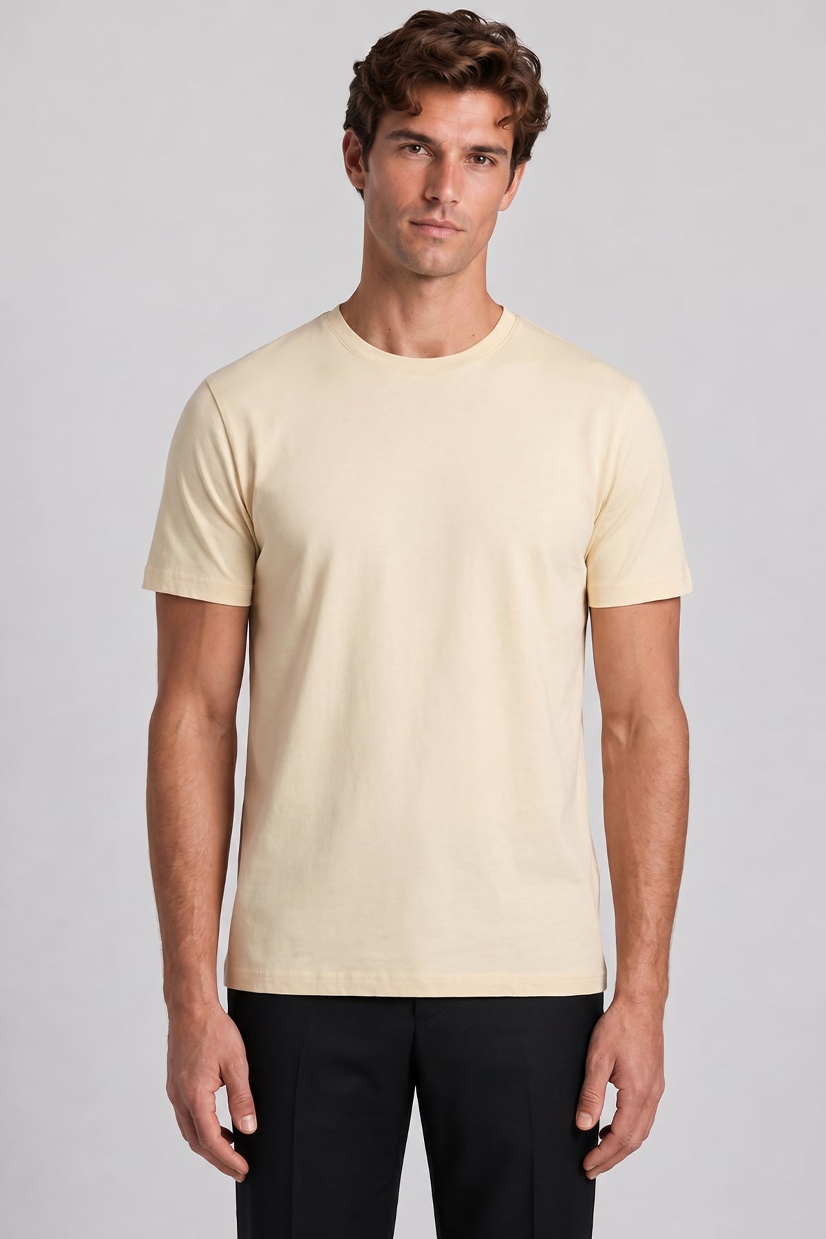 Erkek Krem Normal Kesim Regular Fit %100 Pamuk Bisiklet Yaka Basic Tişört