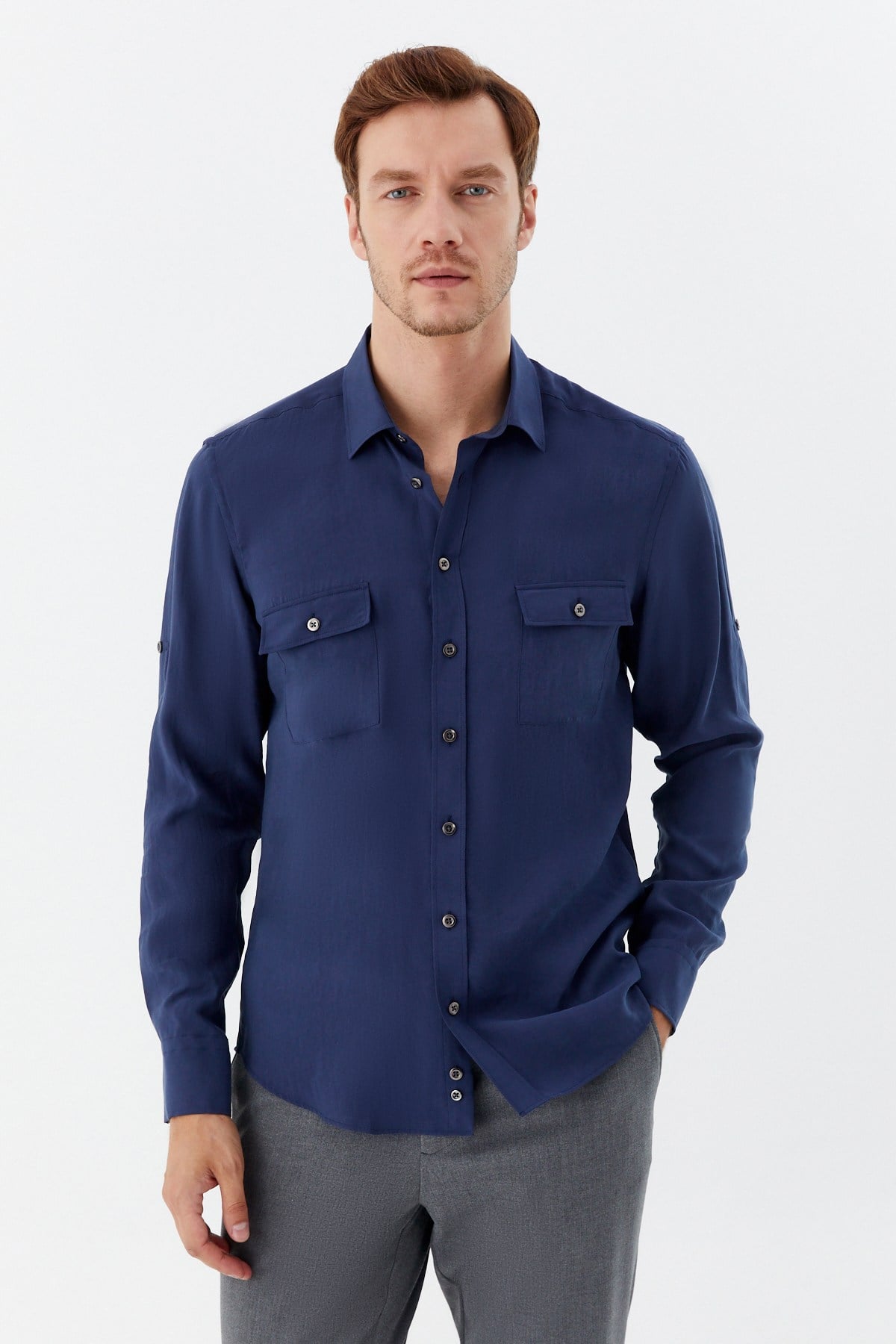 Lacivert %100 Pamuk Klasik Yaka Cepli Slim Fit Gömlek