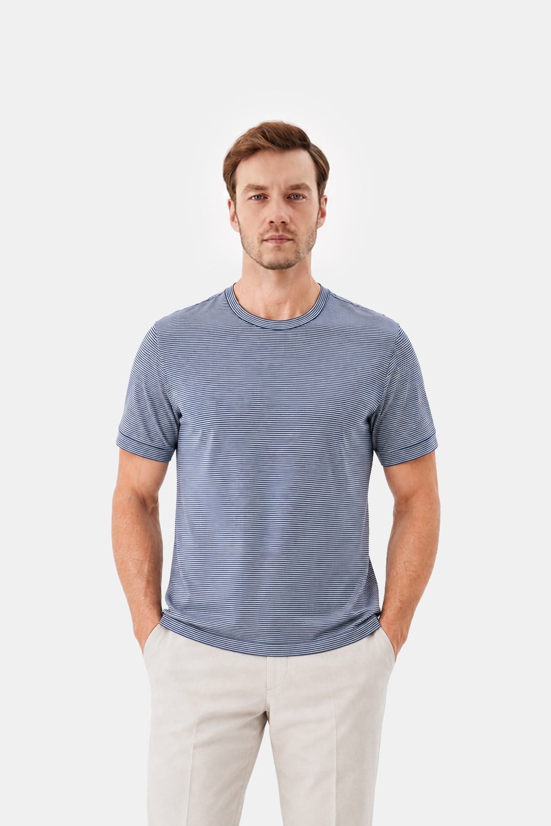 Lacivert-Beyaz %100 Pamuk Regular Fit Bisiklet Yaka Basic T-Shirt