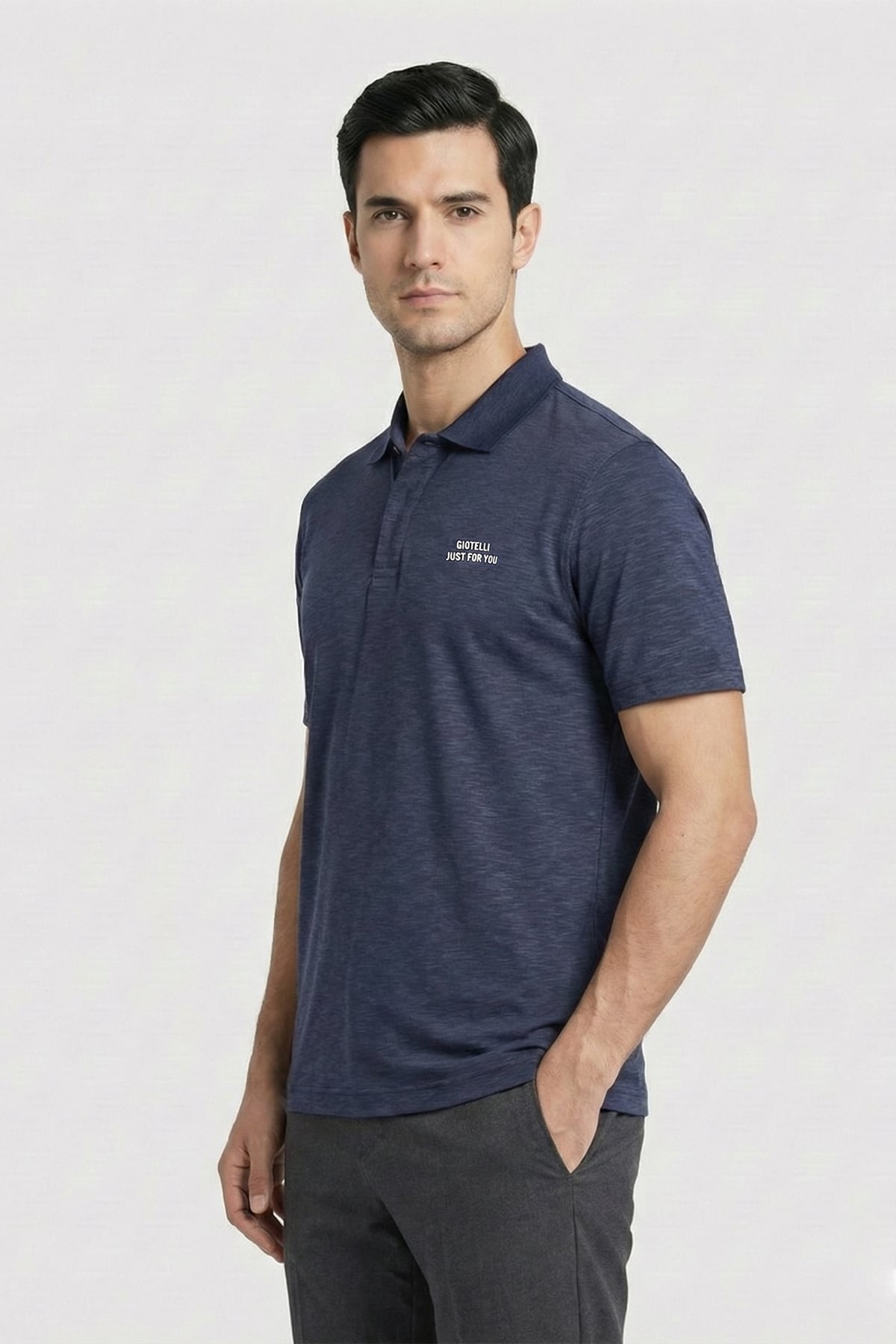 Giotelli Erkek Lacivert Dar Kesim Slim Fit %100 Pamuk Pike Düğmeli Polo Yaka Tişört