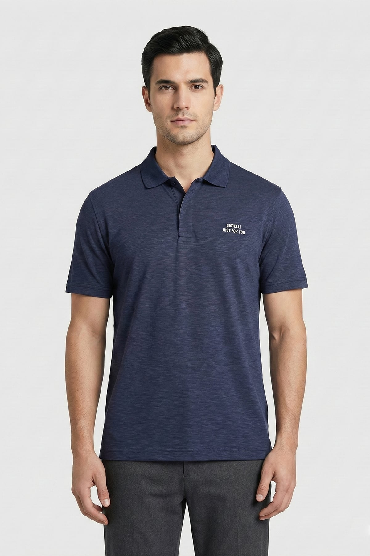 Giotelli Erkek Lacivert Dar Kesim Slim Fit %100 Pamuk Pike Düğmeli Polo Yaka Tişört