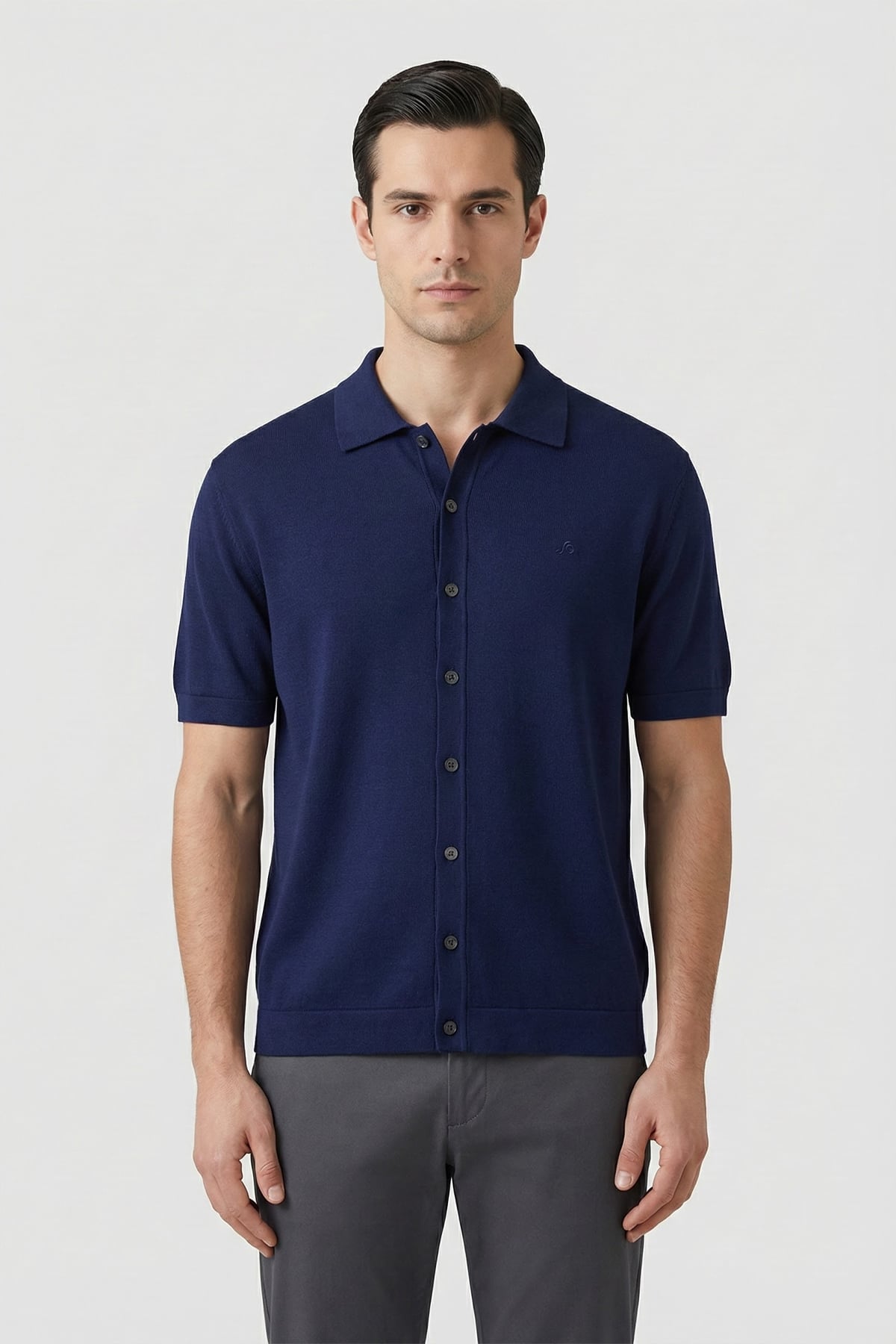 Erkek Lacivert Normal Kesim Regular Fit Viskon Dokuma Triko Polo Yaka Tişört