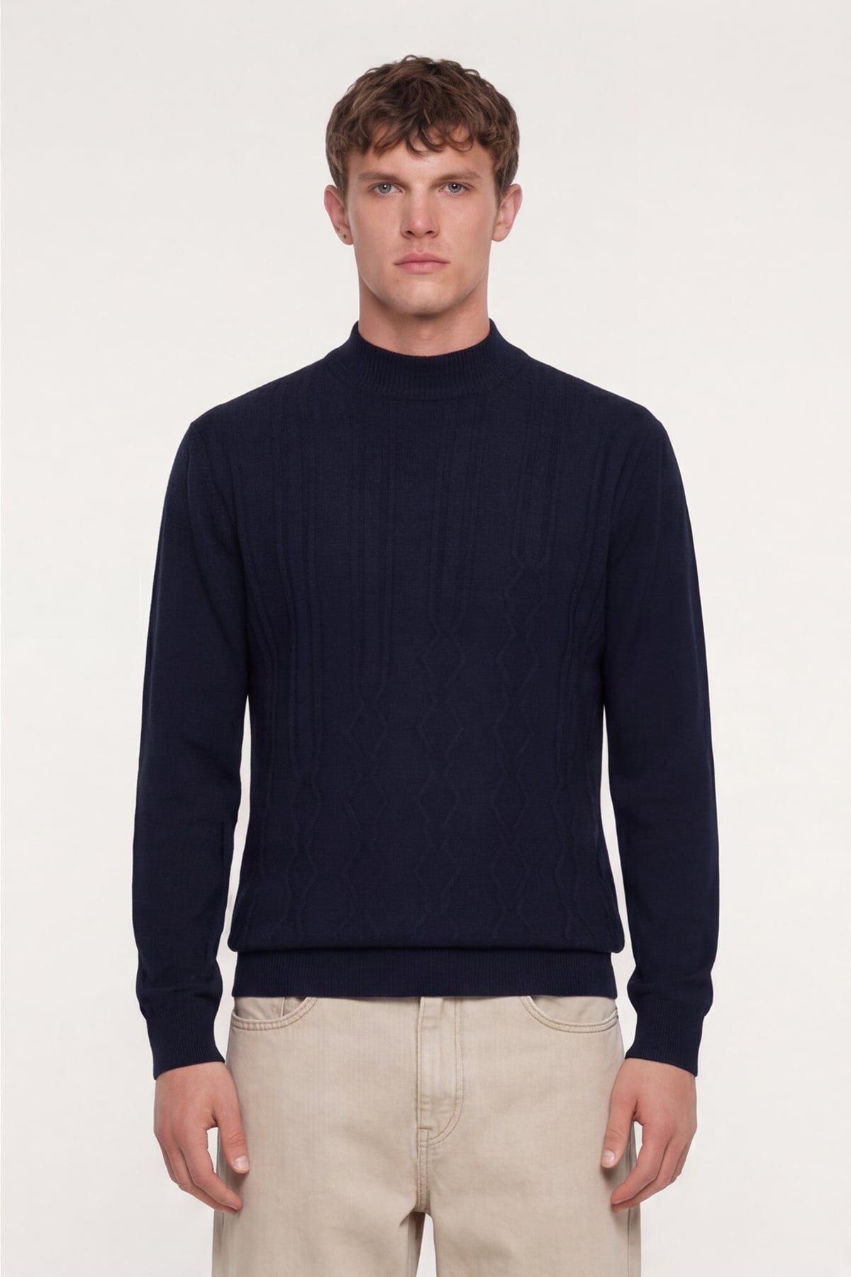 Erkek Lacivert Dar Kesim Slim Fit Yünlü Yarım Balıkçı Yaka Triko Kazak