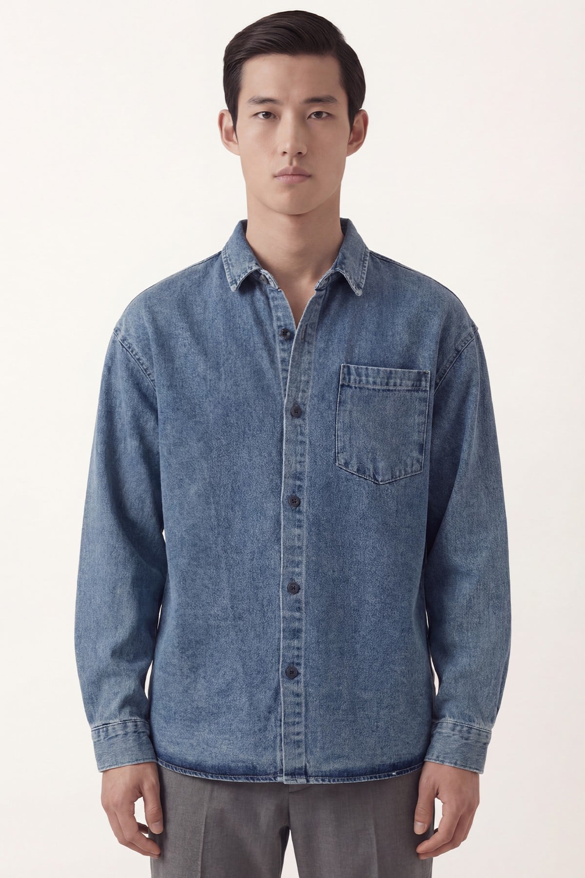 Erkek Mavi Normal Kesim Regular Fit Pamuk Torba Cep Uzun Kollu Denim Ceket Gömlek