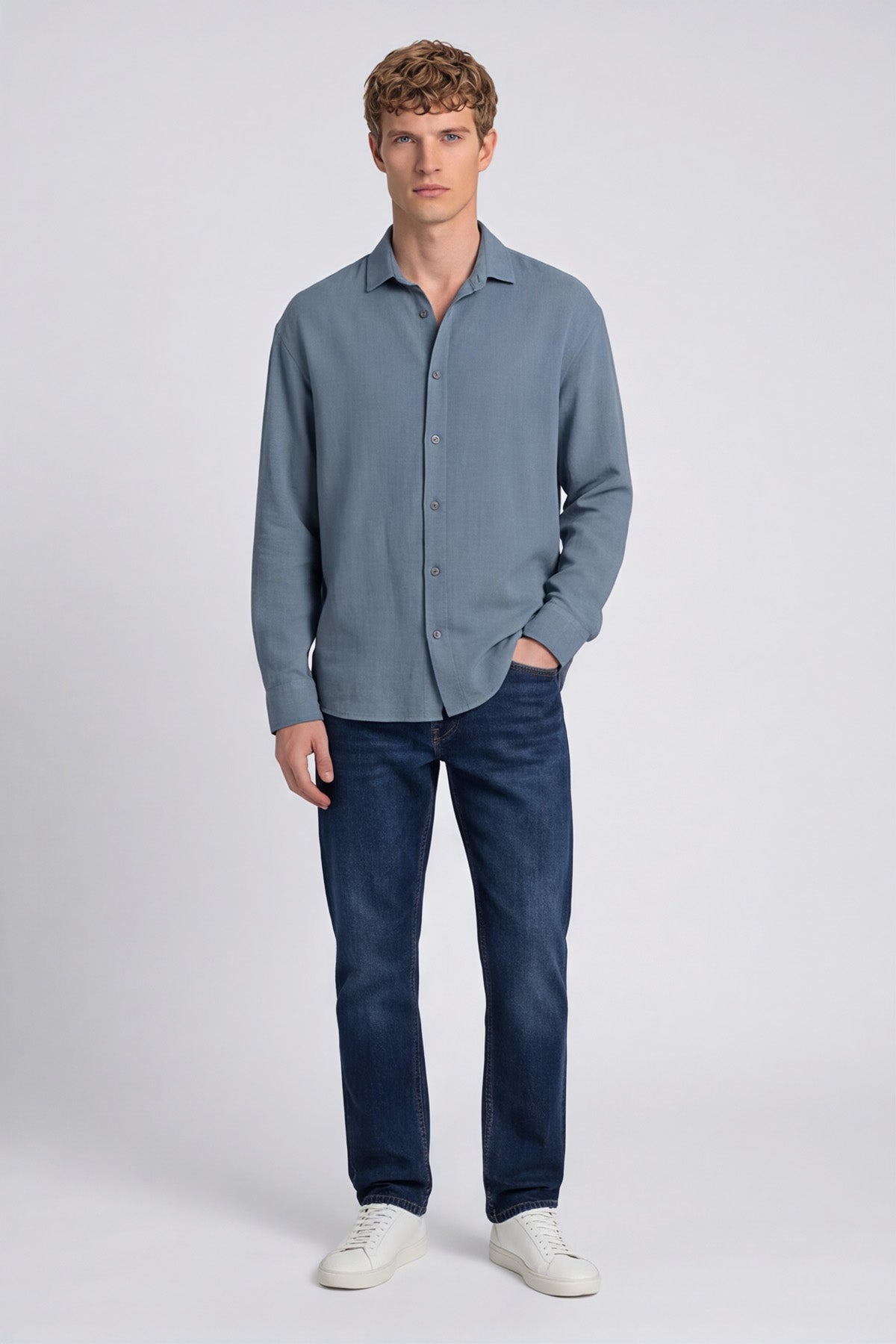 Erkek Mavi Normal Kesim Regular Fit %100 Pamuk Klasik Yaka Muslin Gömlek