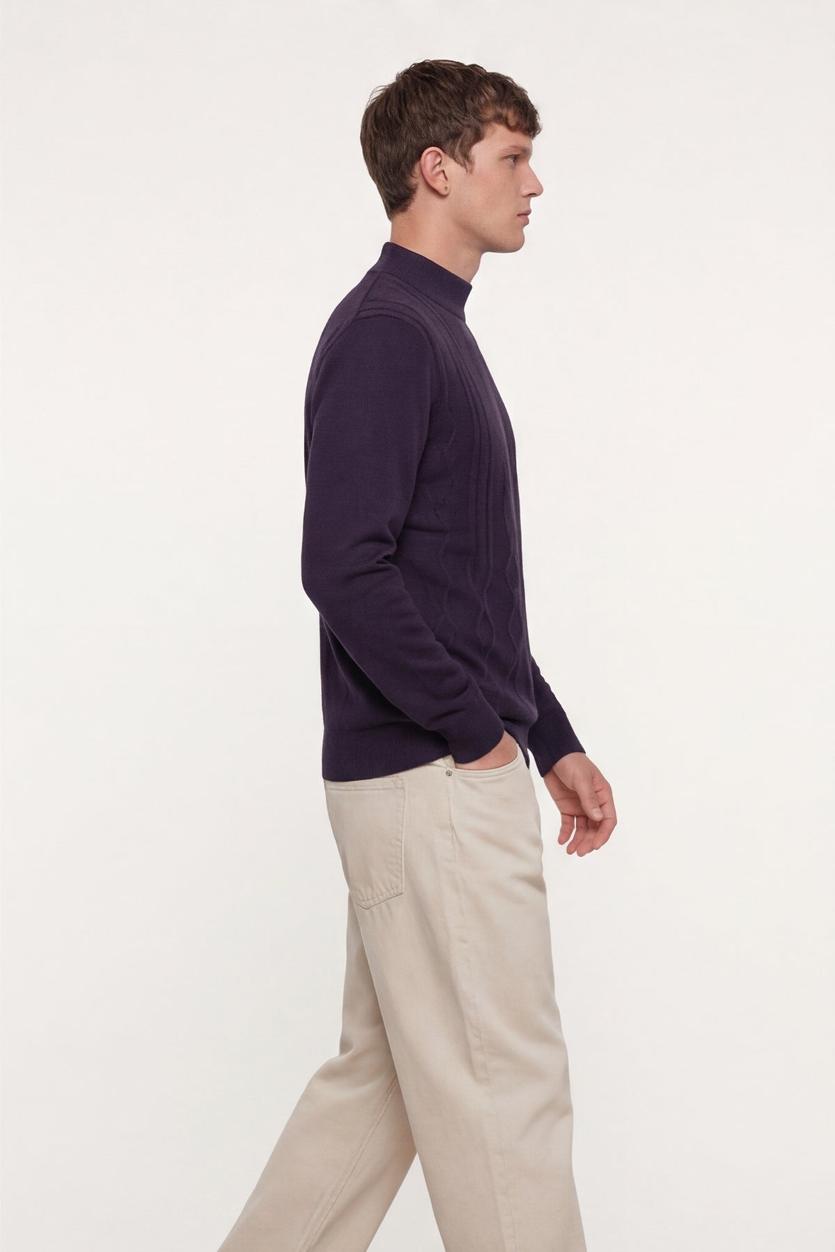 Mor Slim Fit Yarım Balıkçı Yaka Yünlü Triko Kazak