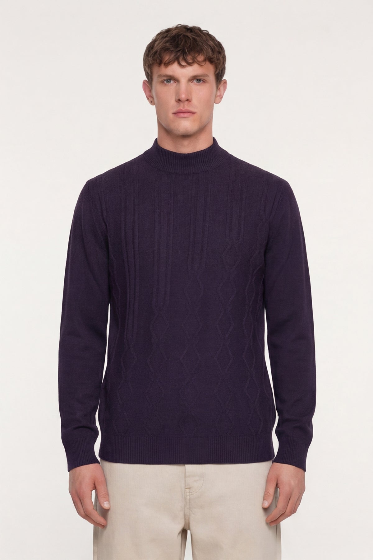 Mor Slim Fit Yarım Balıkçı Yaka Yünlü Triko Kazak