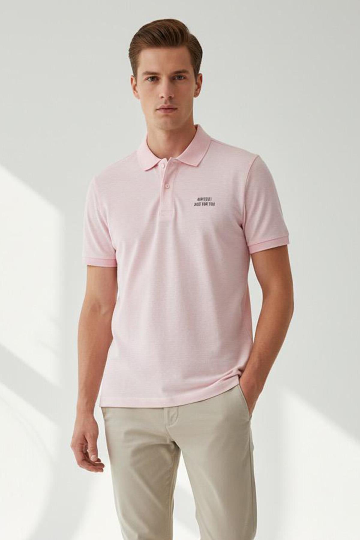 Giotelli Erkek Pembe Dar Kesim Slim Fit %100 Pamuk Düğmeli Polo Yaka Tişört