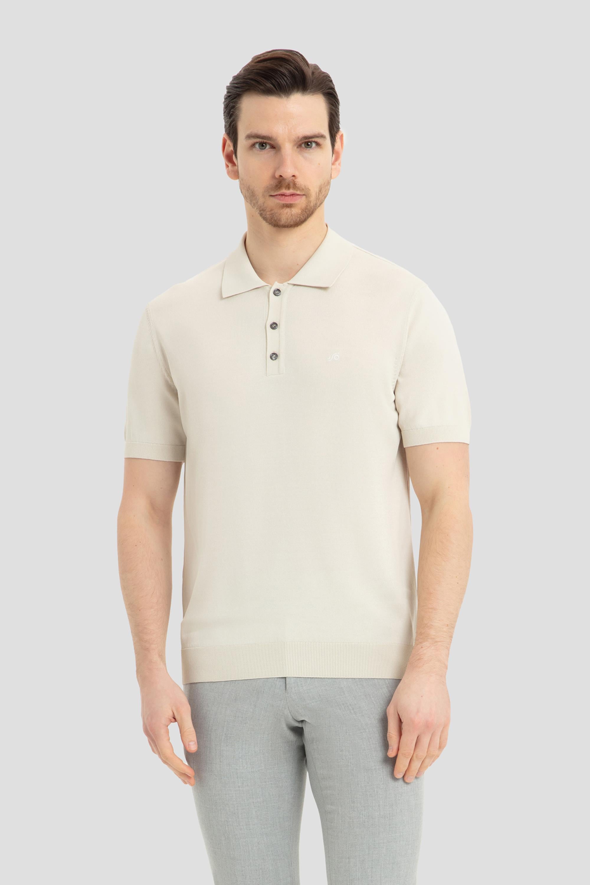 Erkek Bej Normal Kesim Regular Fit Viskon Pike Düğmeli Polo Yaka Tişört