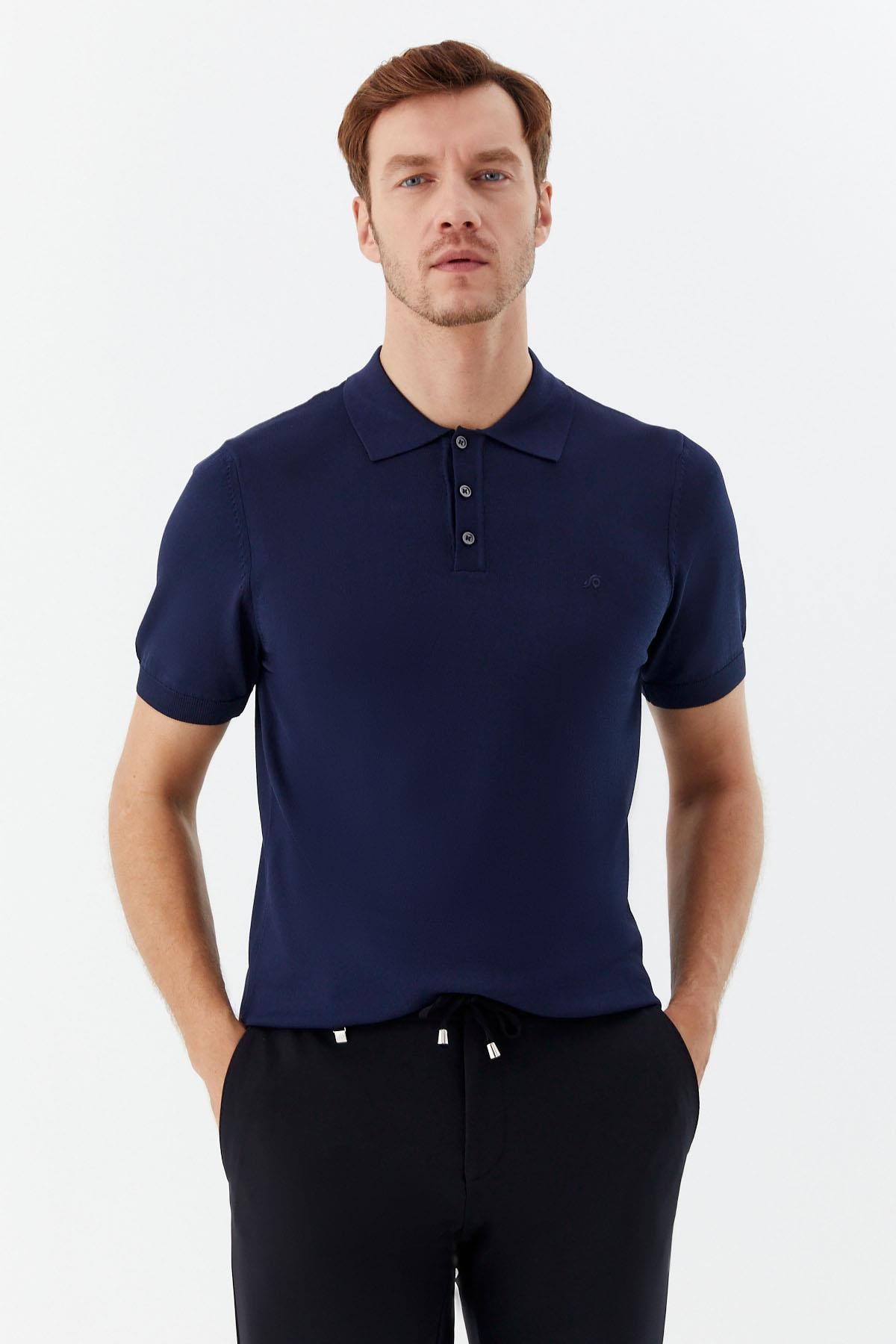 Erkek Lacivert Normal Kesim Regular Fit Viskon Pike Düğmeli Polo Yaka Tişört