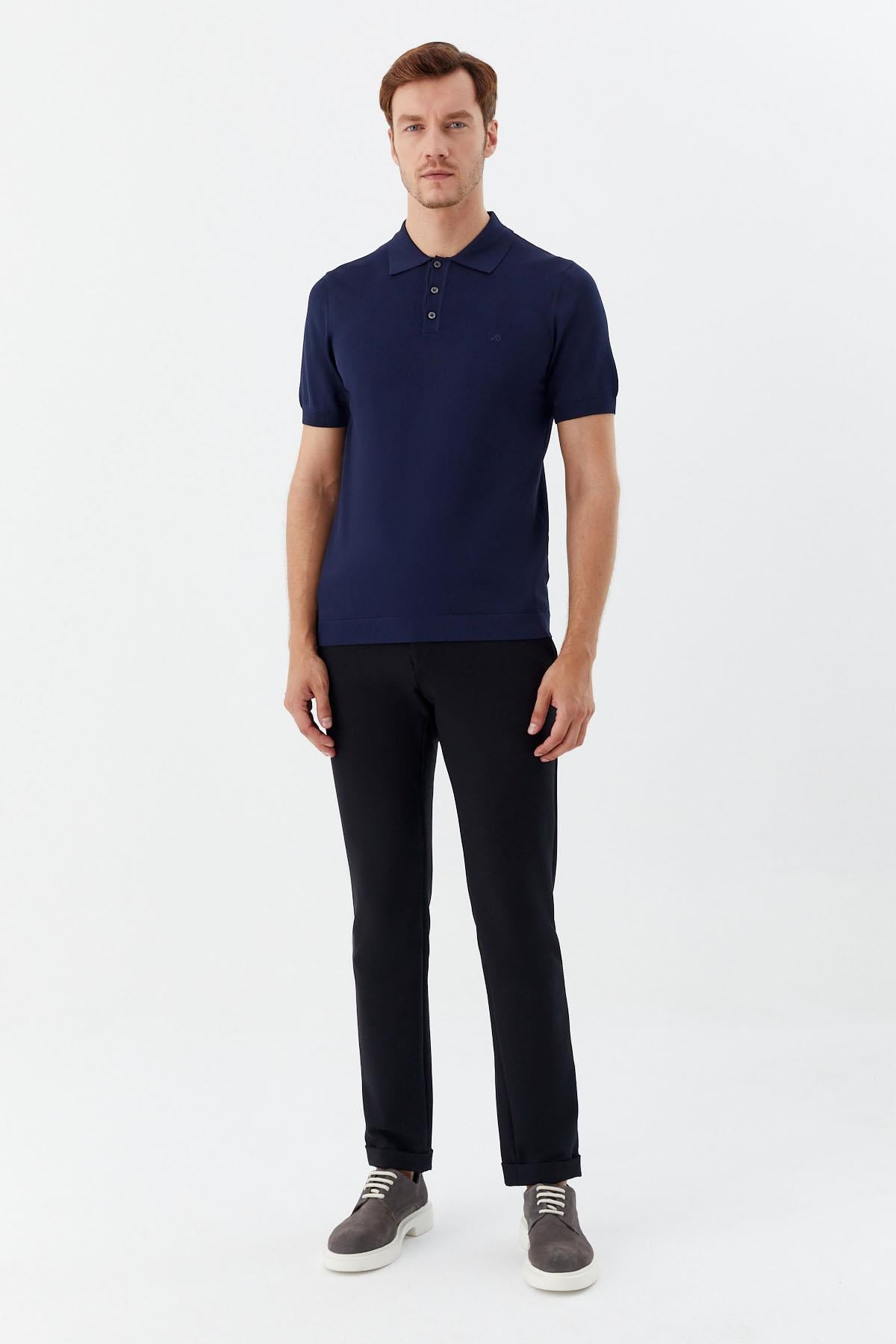 Erkek Lacivert Normal Kesim Regular Fit Viskon Pike Düğmeli Polo Yaka Tişört