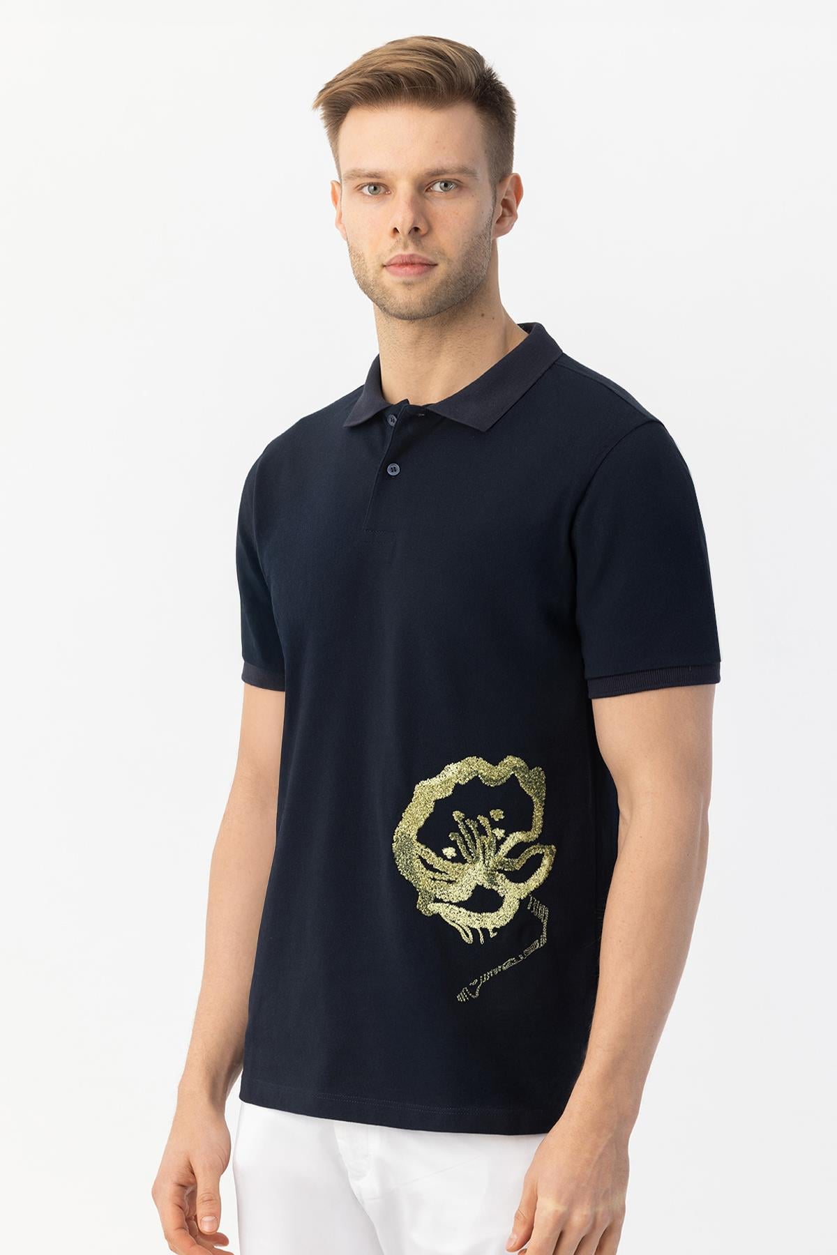 Giotelli Erkek Lacivert Dar Kesim Slim Fit %100 Pamuk Dokuma Polo Yaka Erkek Tişört