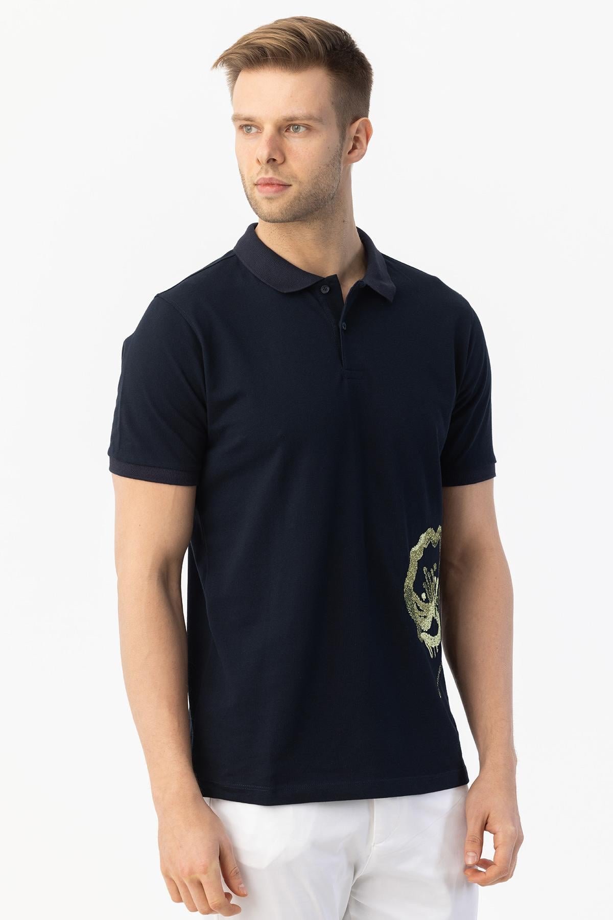 Giotelli Erkek Lacivert Dar Kesim Slim Fit %100 Pamuk Dokuma Polo Yaka Erkek Tişört