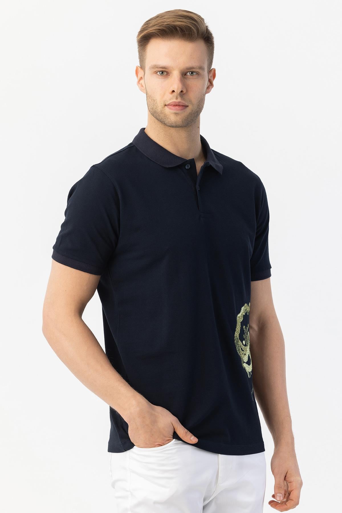 Giotelli Erkek Lacivert Dar Kesim Slim Fit %100 Pamuk Dokuma Polo Yaka Erkek Tişört