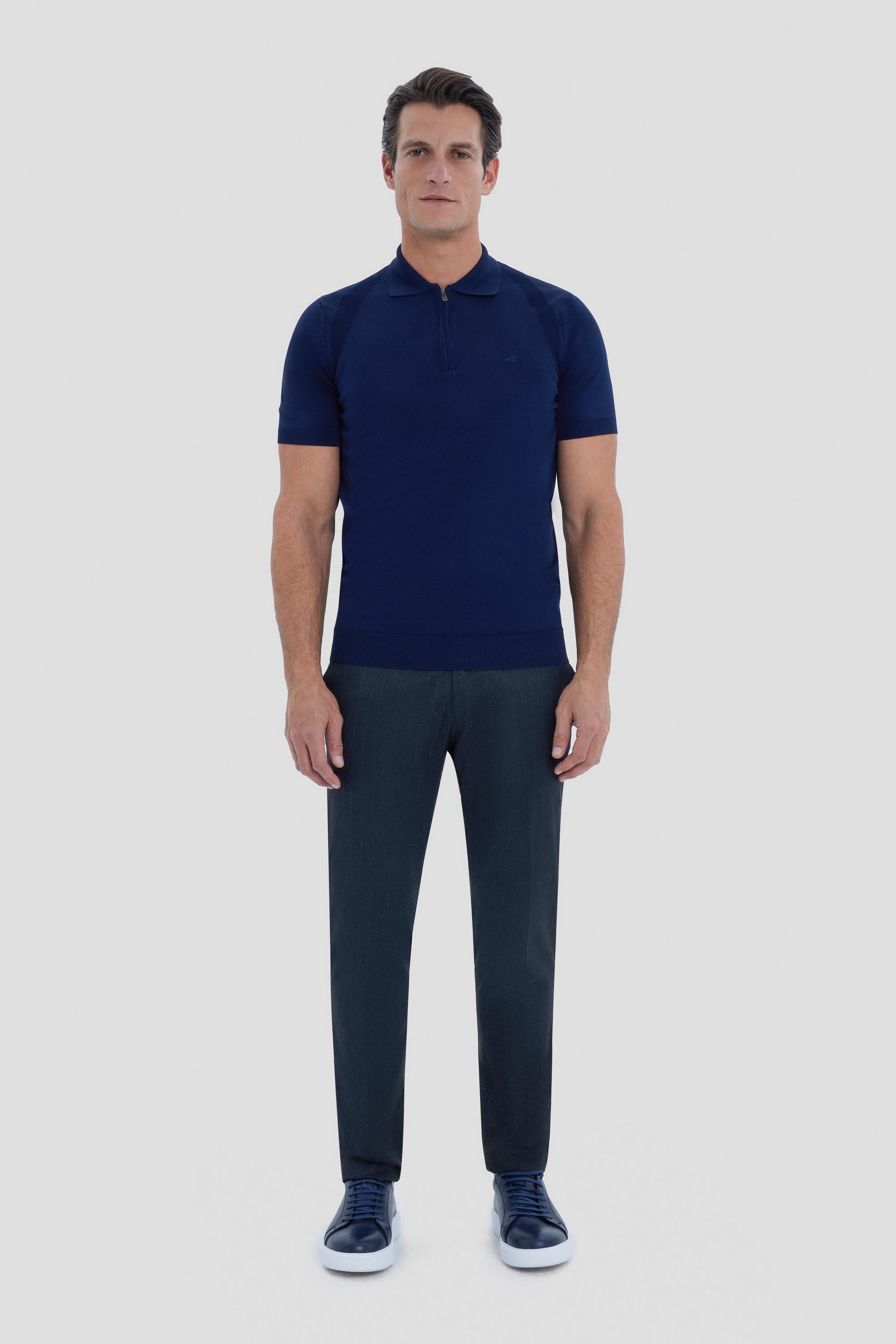 Erkek Lacivert Normal Kesim Regular Fit Viskon Dokulu Triko Polo Yaka Tişört