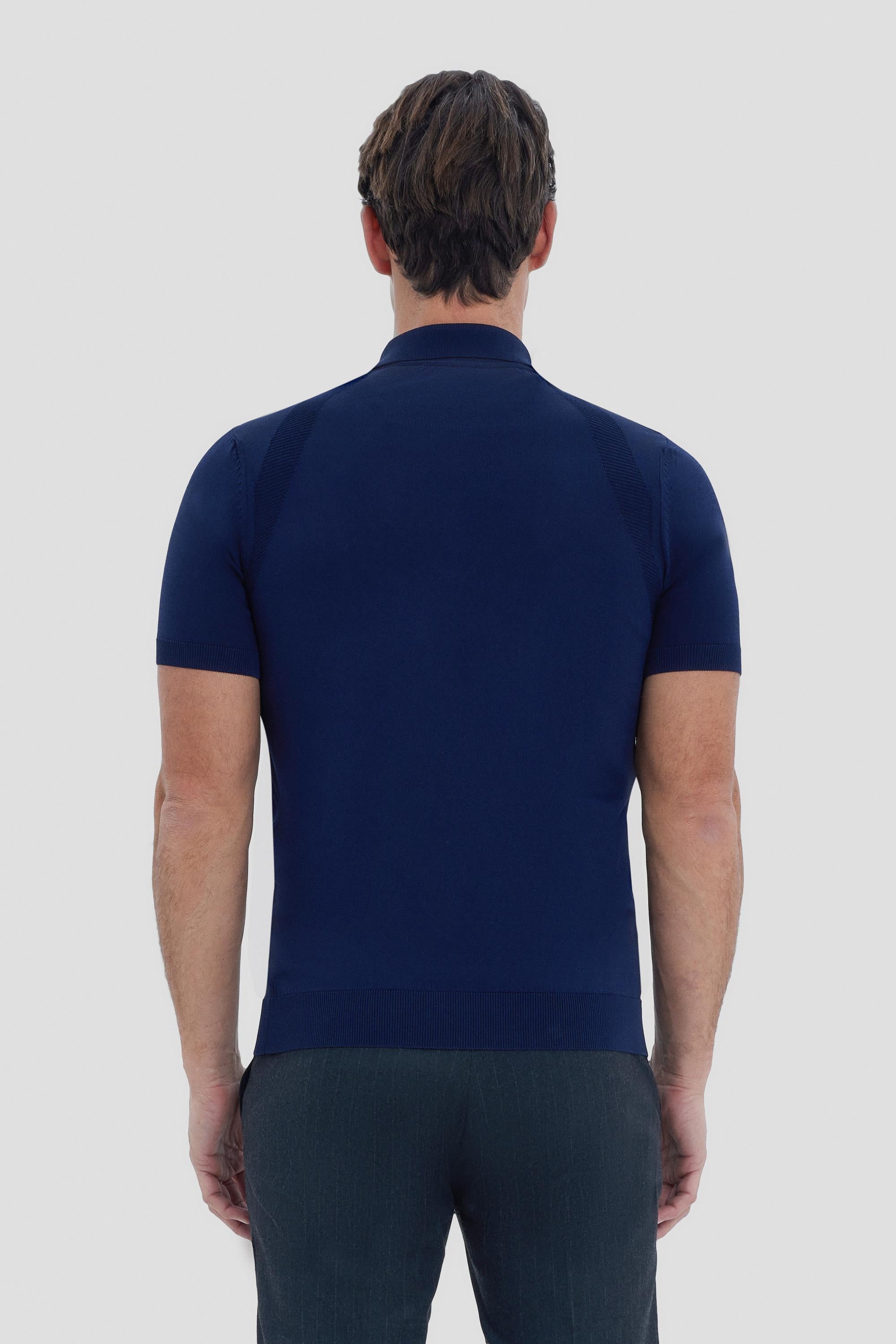 Lacivert Reglan Ayaksız Triko Polo Yaka Fermuarlı T-Shırt