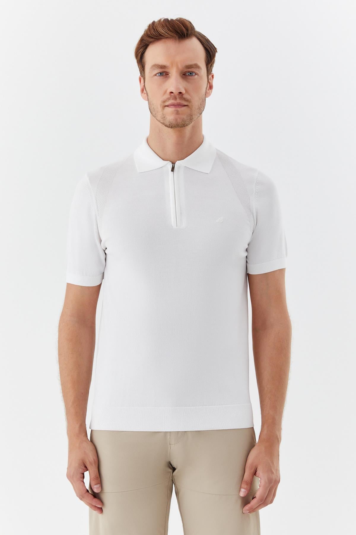 Erkek Ekru Normal Kesim Regular Fit Viskon Dokulu Triko Polo Yaka Tişört