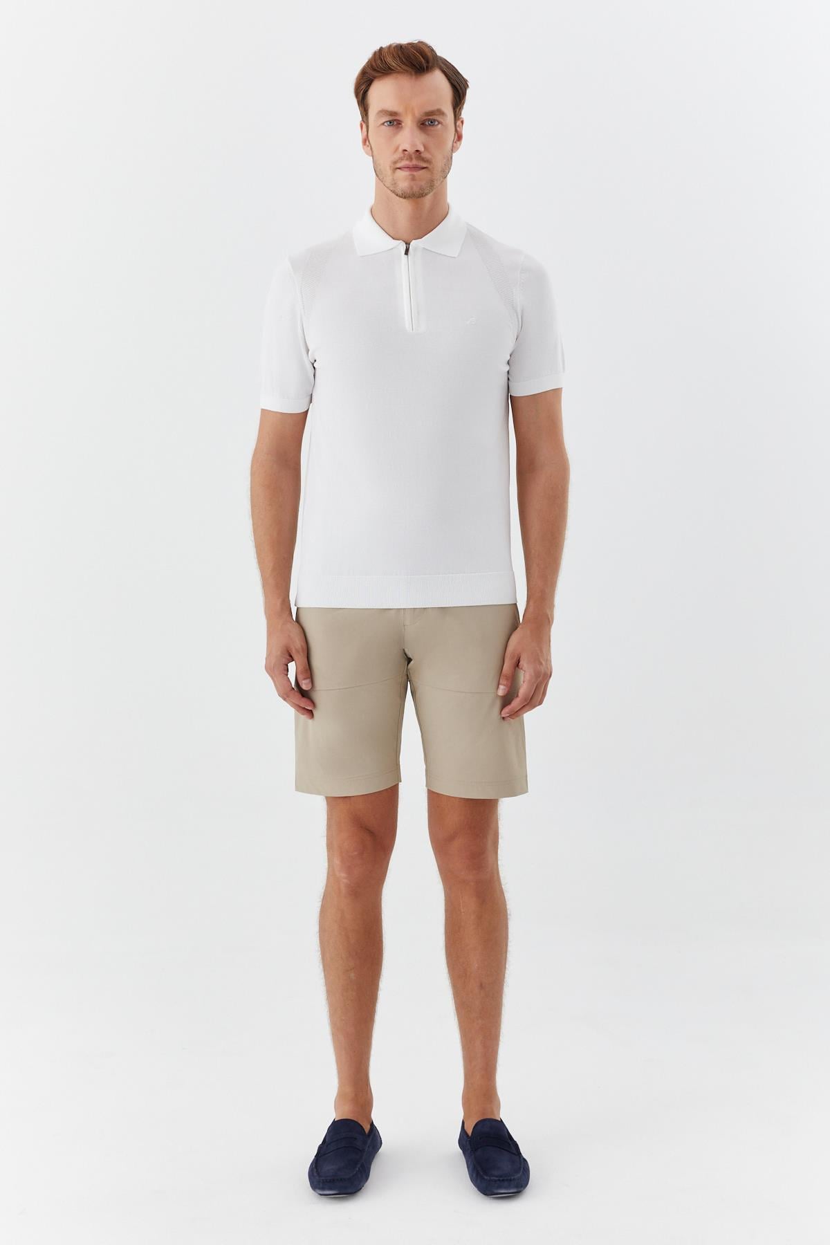 Erkek Ekru Normal Kesim Regular Fit Viskon Dokulu Triko Polo Yaka Tişört