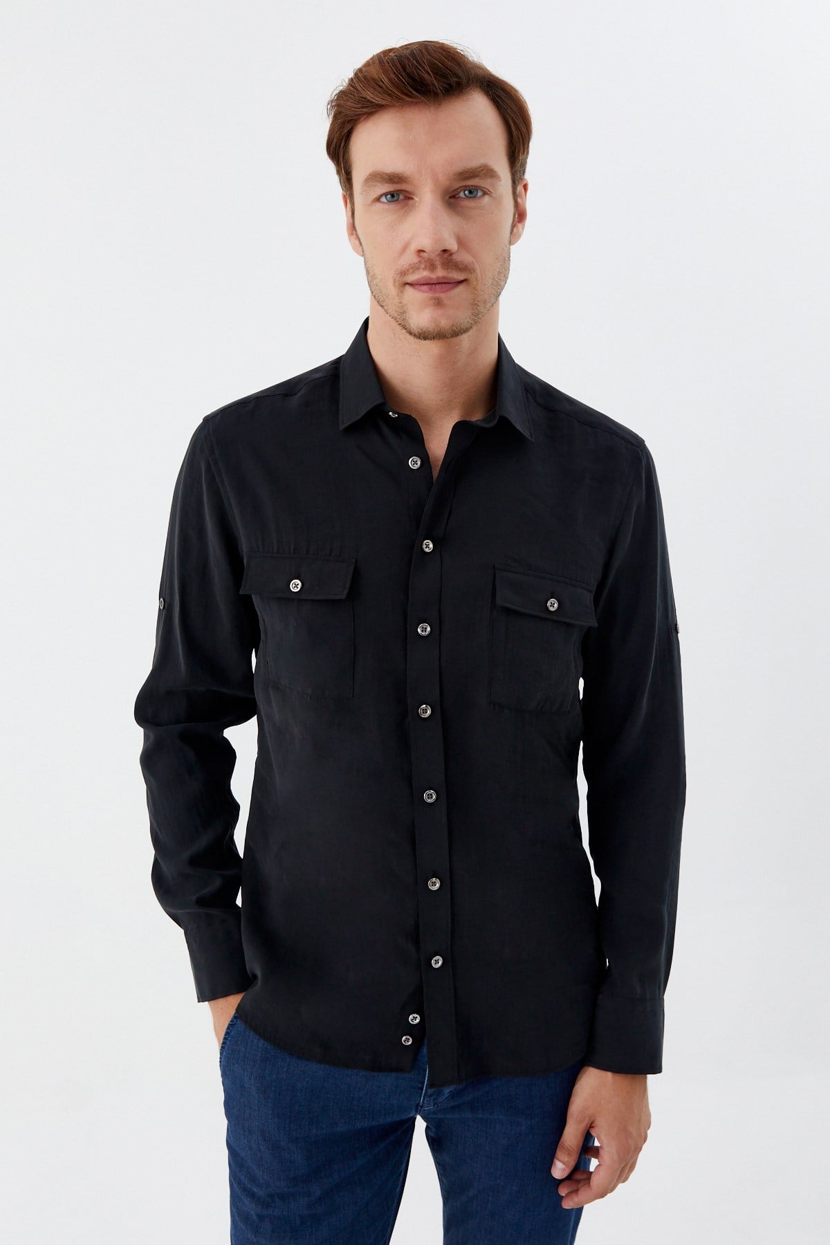 Siyah %100 Pamuk Klasik Yaka Cepli Slim Fit Gömlek