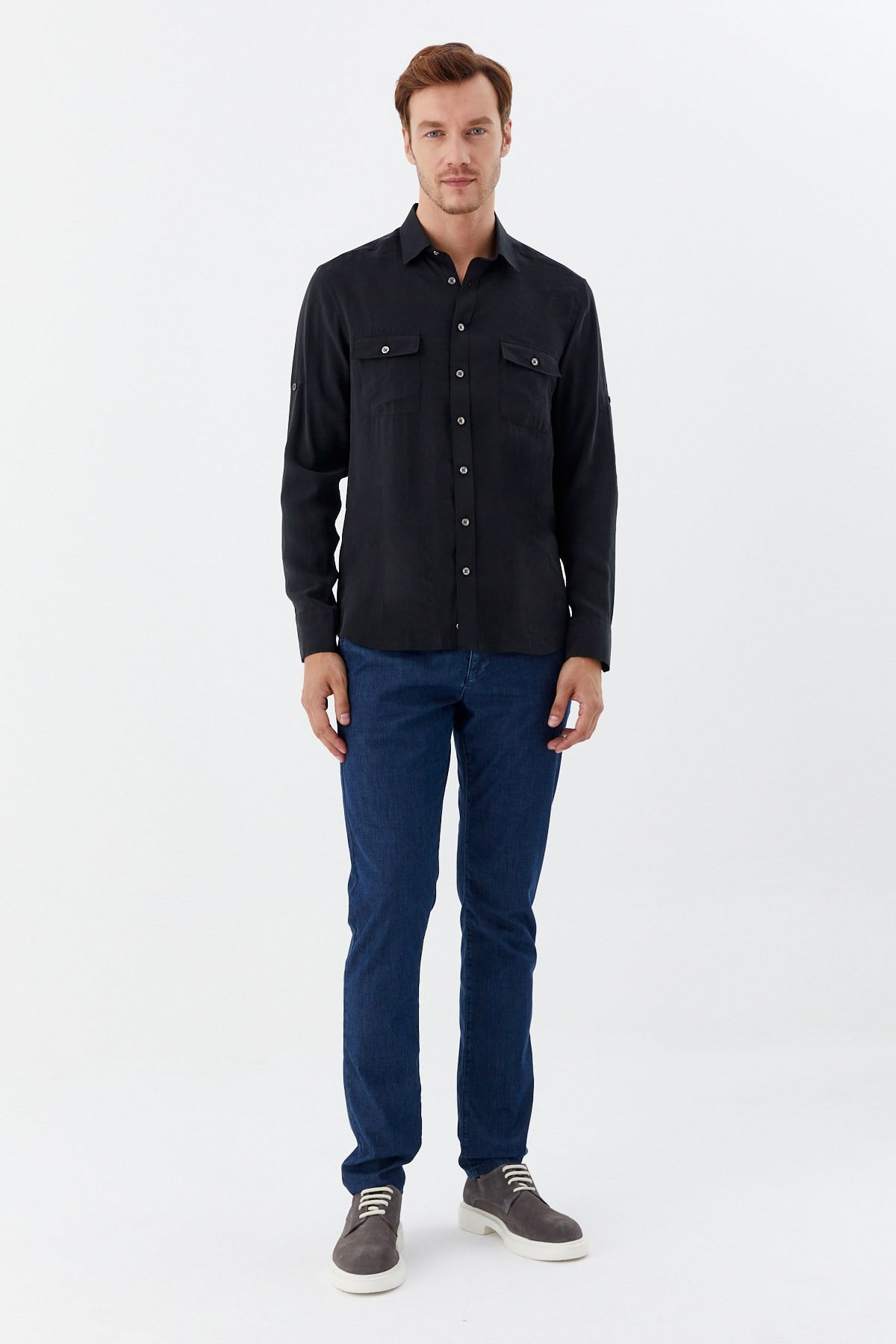 Siyah %100 Pamuk Klasik Yaka Cepli Slim Fit Gömlek