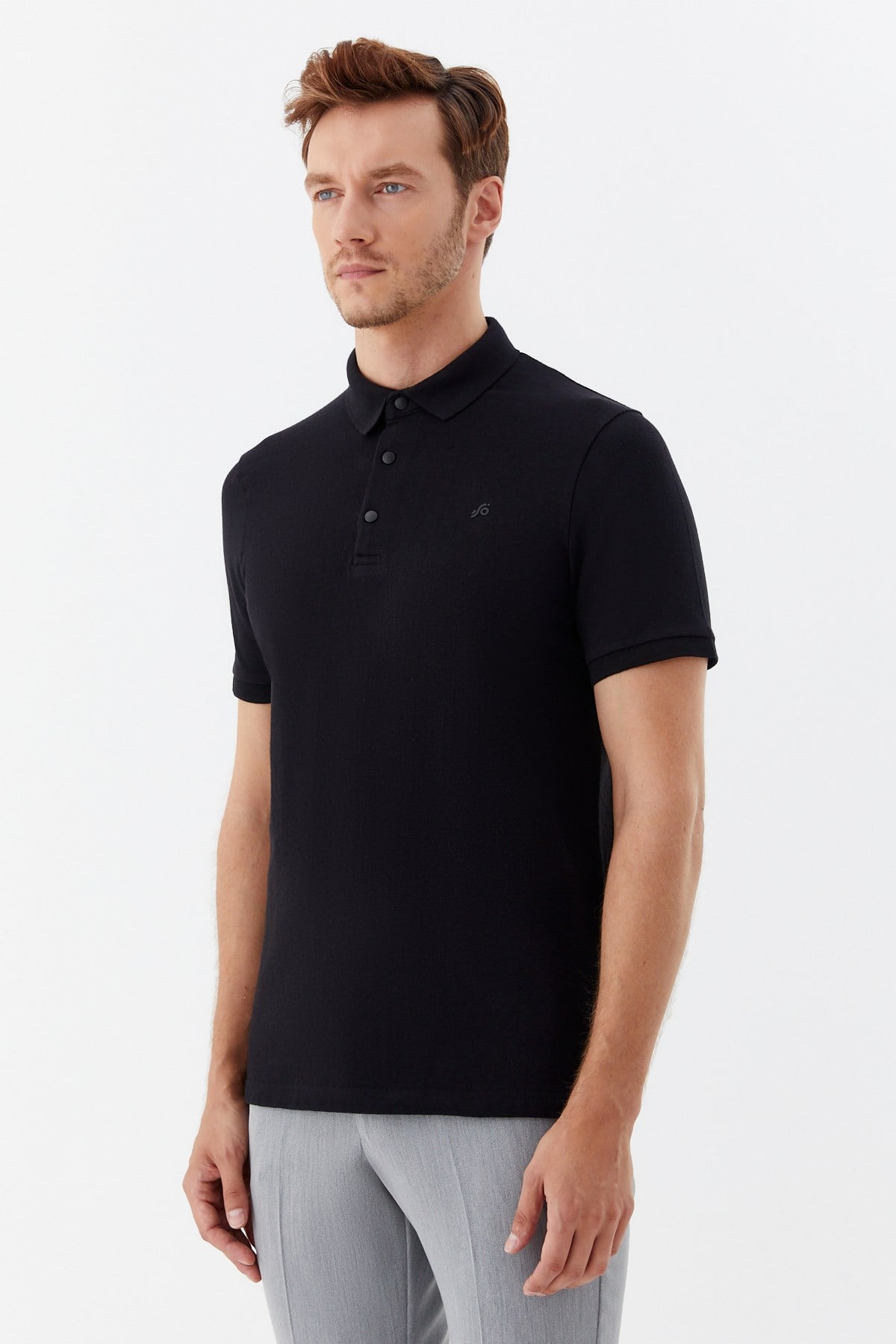 Siyah 100% Pamuk Çıtçıt Kapama Polo Yaka Kısa Kollu T-Shirt