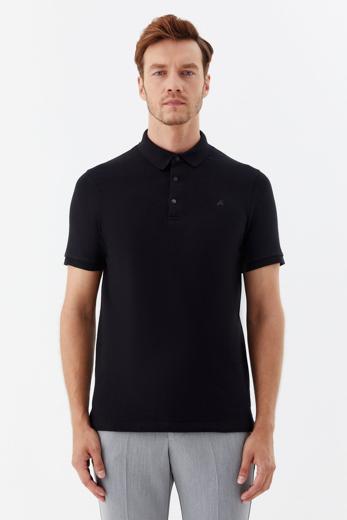 Siyah 100% Pamuk Çıtçıt Kapama Polo Yaka Kısa Kollu T-Shirt