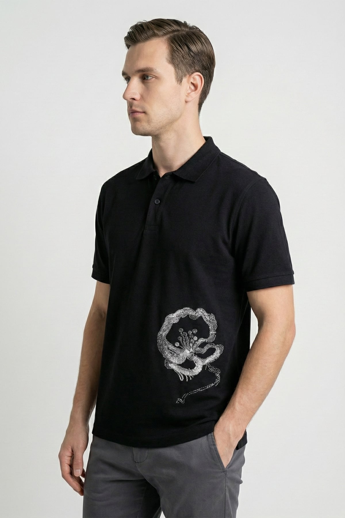 Giotelli Erkek Siyah Dar Kesim Slim Fit %100 Pamuk Dokuma Düğmeli Nakışlı Polo Yaka Tişört