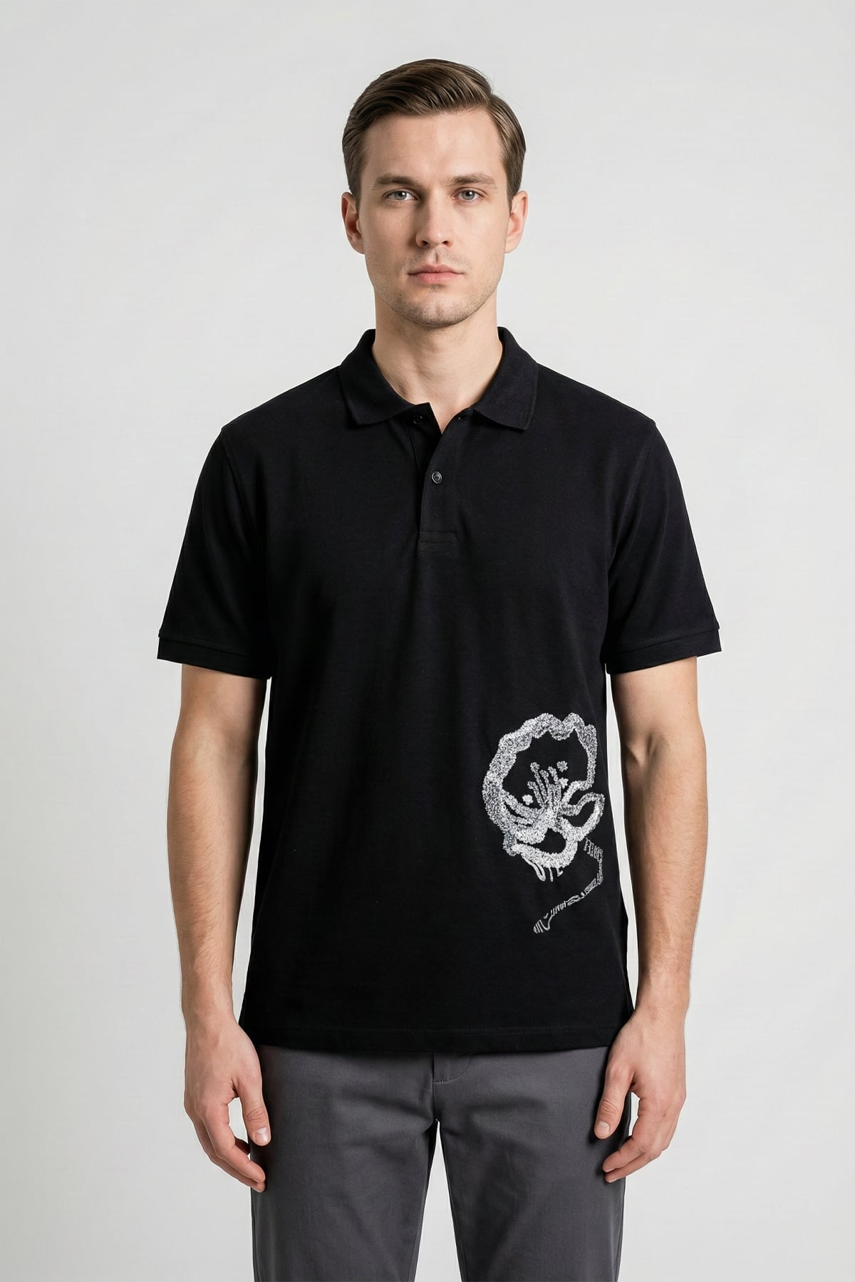 Giotelli Erkek Siyah Dar Kesim Slim Fit %100 Pamuk Dokuma Düğmeli Nakışlı Polo Yaka Tişört