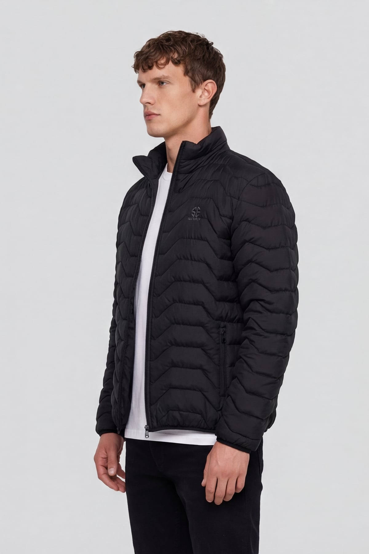 Erkek Siyah Dar Kesim Slim Fit Dik Yaka Fermuarlı Mont