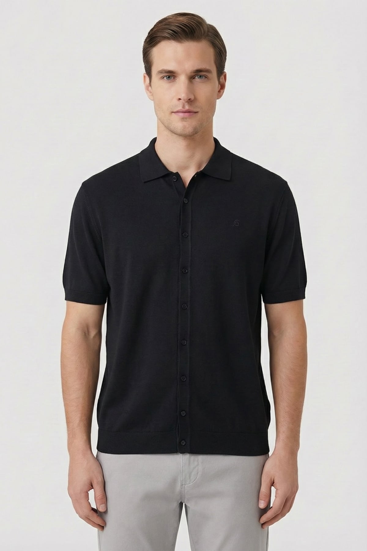 Erkek Siyah Normal Kesim Regular Fit Viskon Dokuma Triko Polo Yaka Tişört