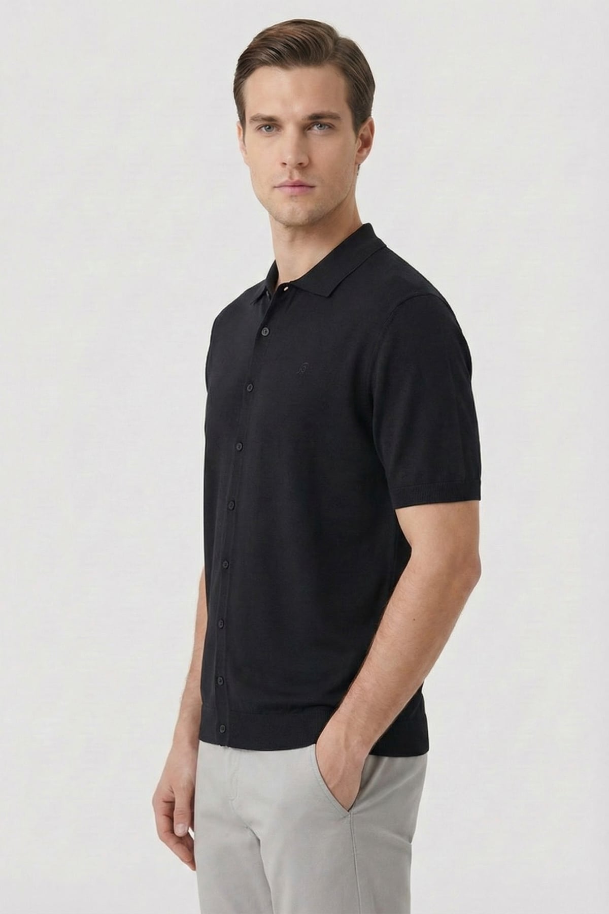 Erkek Siyah Normal Kesim Regular Fit Viskon Dokuma Triko Polo Yaka Tişört