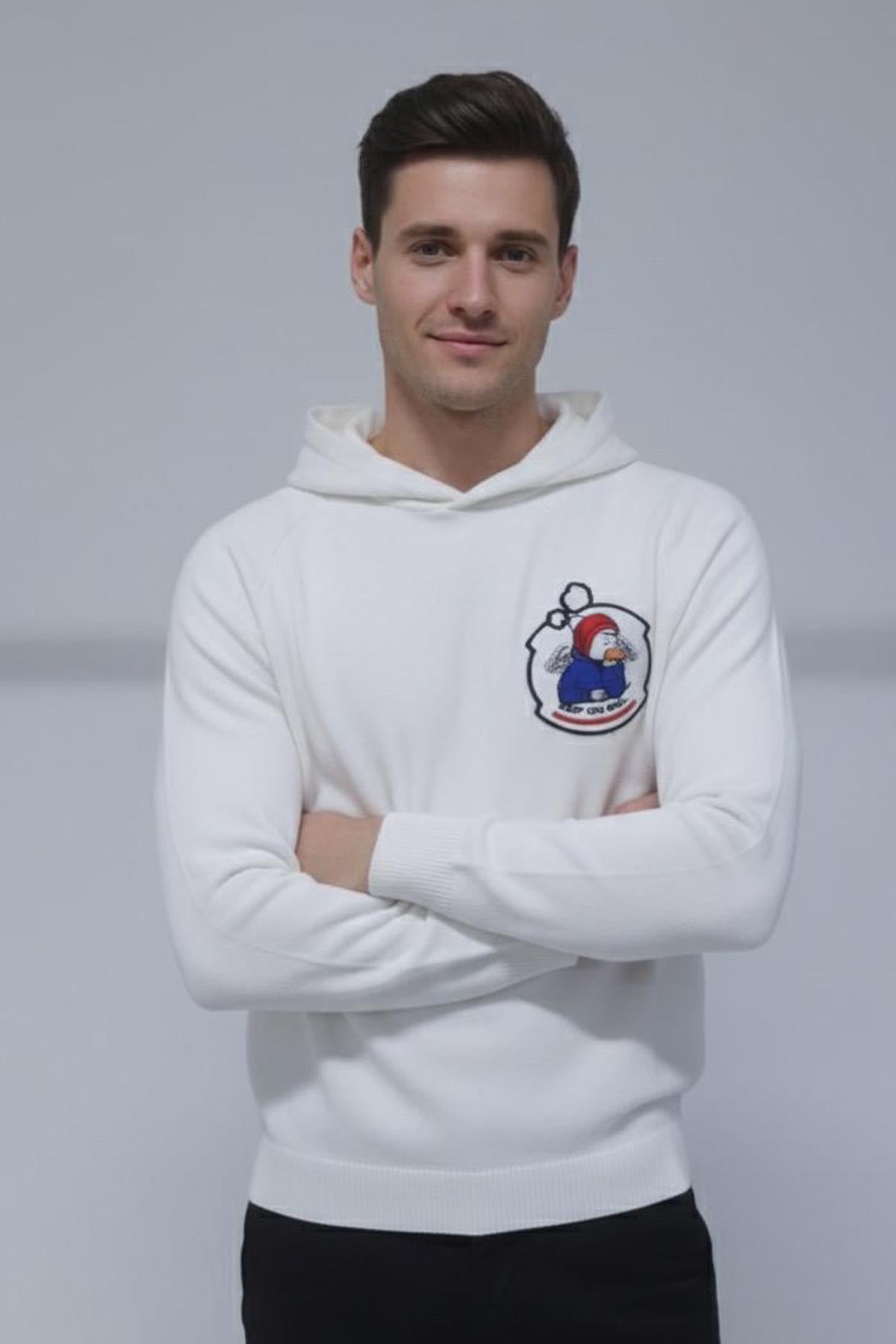 Giotelli Erkek Beyaz Normal Kesim Regular Fit Pamuklu Örme Kapüşonlu Sweatshirt