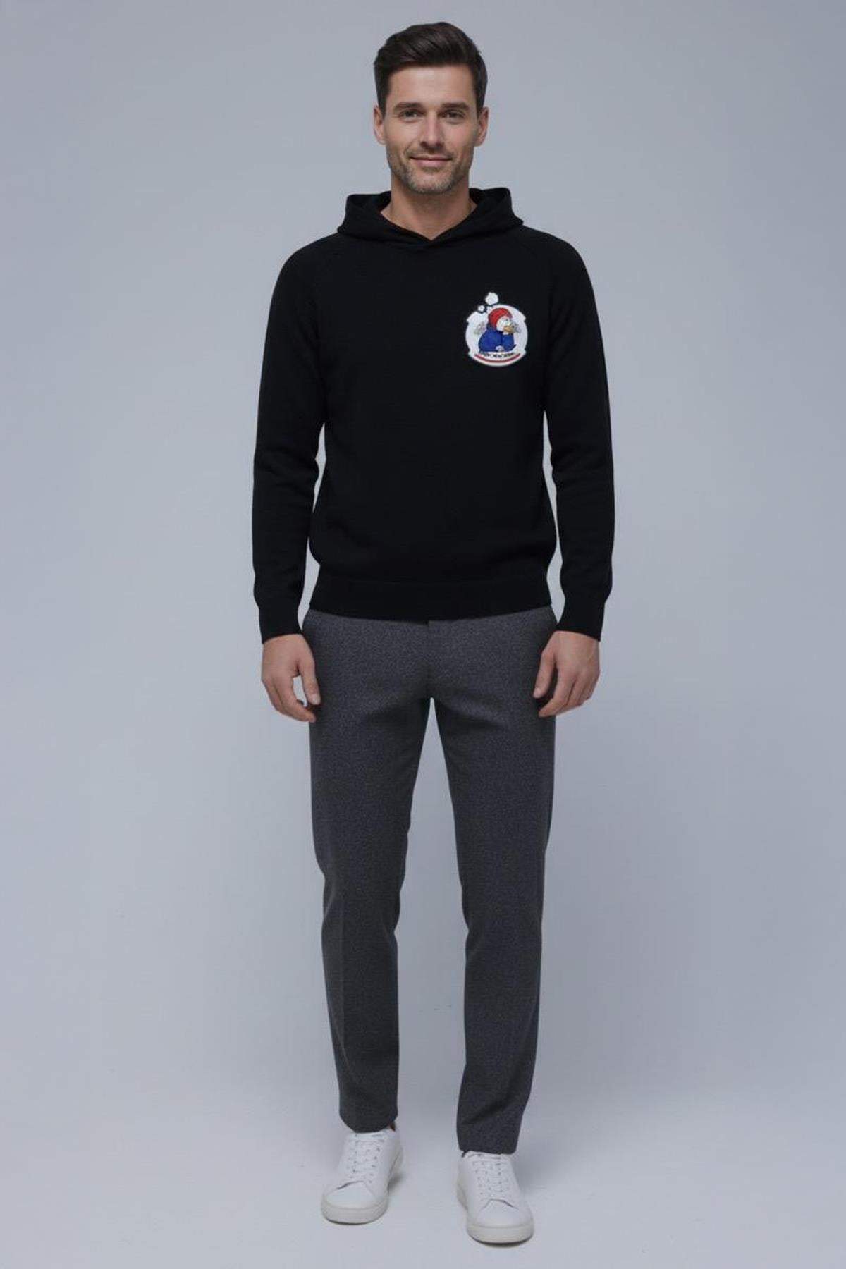 Giotelli Erkek Siyah Normal Kesim Regular Fit Pamuklu Örme Kapüşonlu Sweatshirt