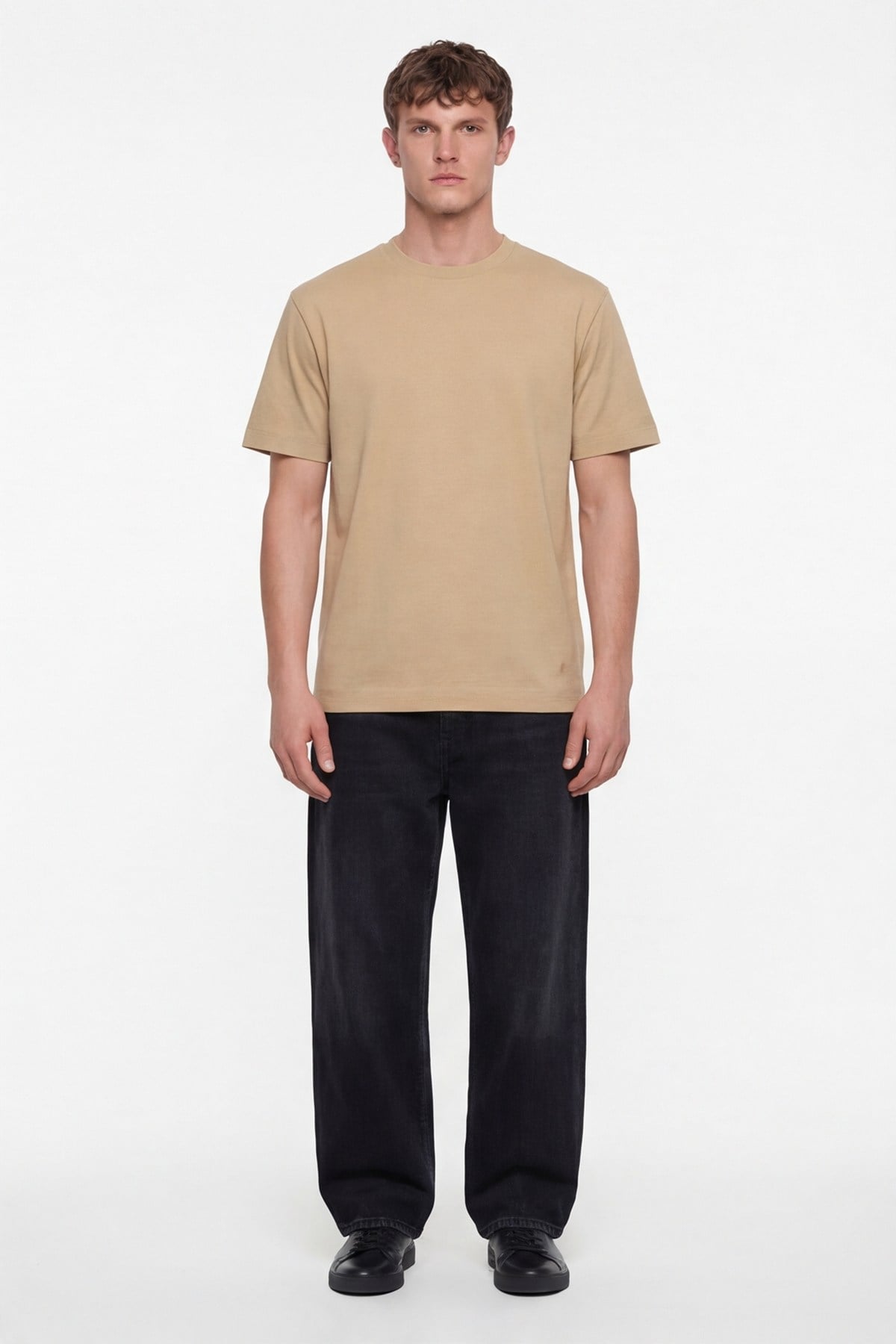 Erkek Bej Normal Kesim Regular Fit %100 Pamuk Dokuma Bisiklet Yaka Basic T-Shirt