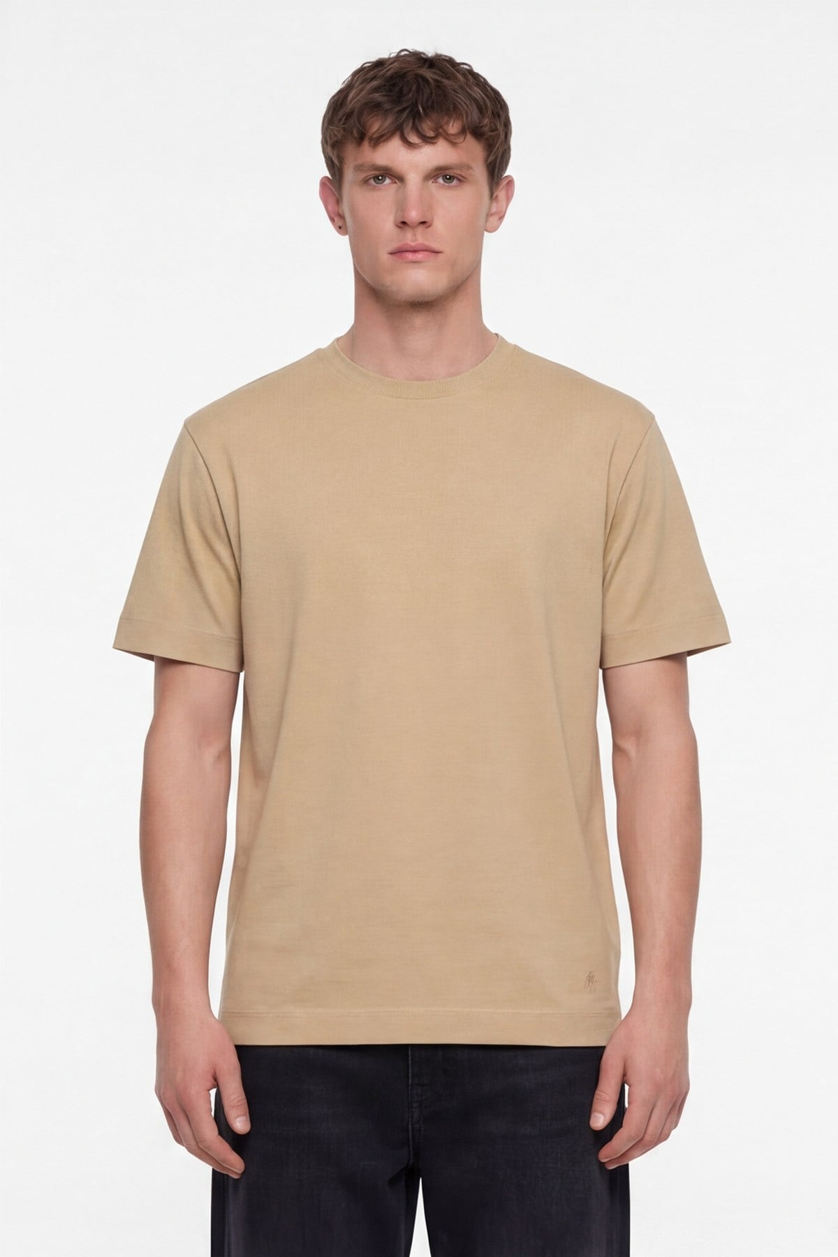 Erkek Bej Normal Kesim Regular Fit %100 Pamuk Dokuma Bisiklet Yaka Basic T-Shirt
