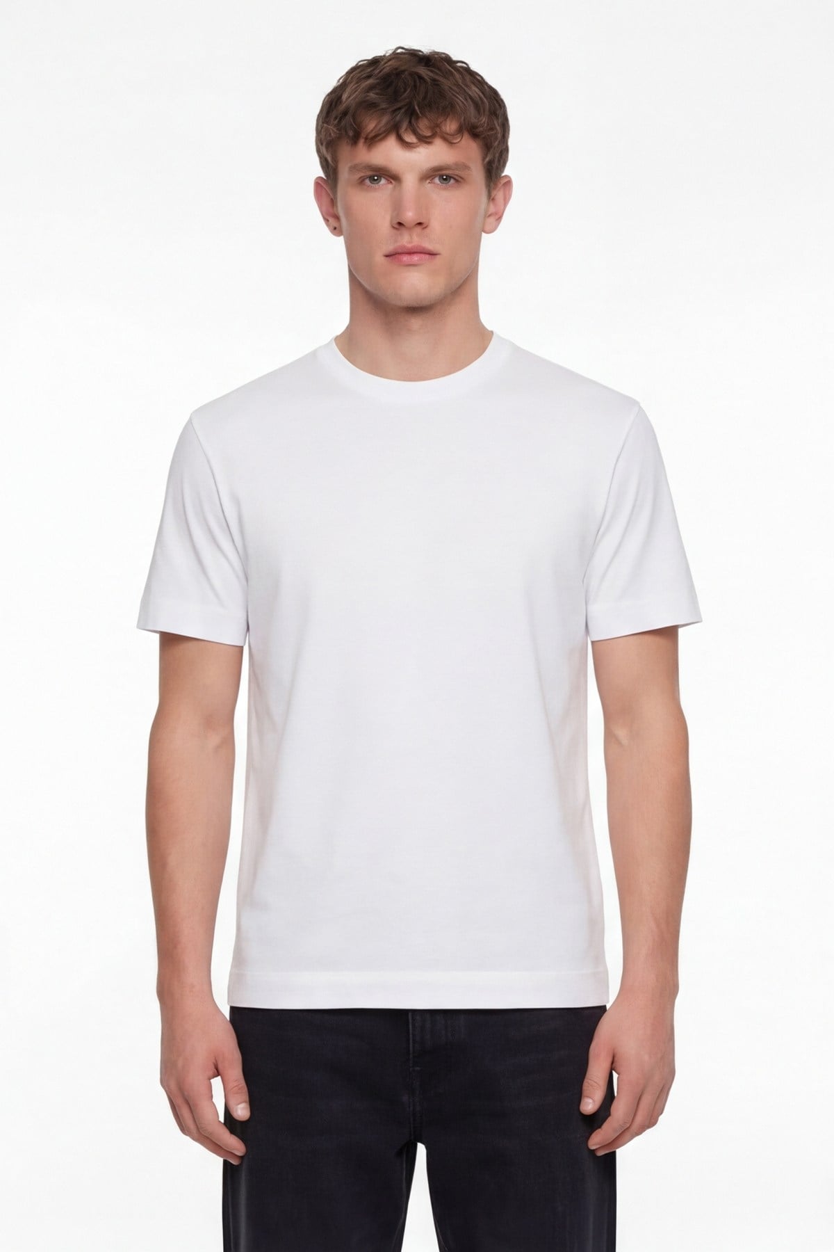 Erkek Beyaz Normal Kesim Regular Fit %100 Pamuk Dokuma Bisiklet Yaka Basic T-Shirt