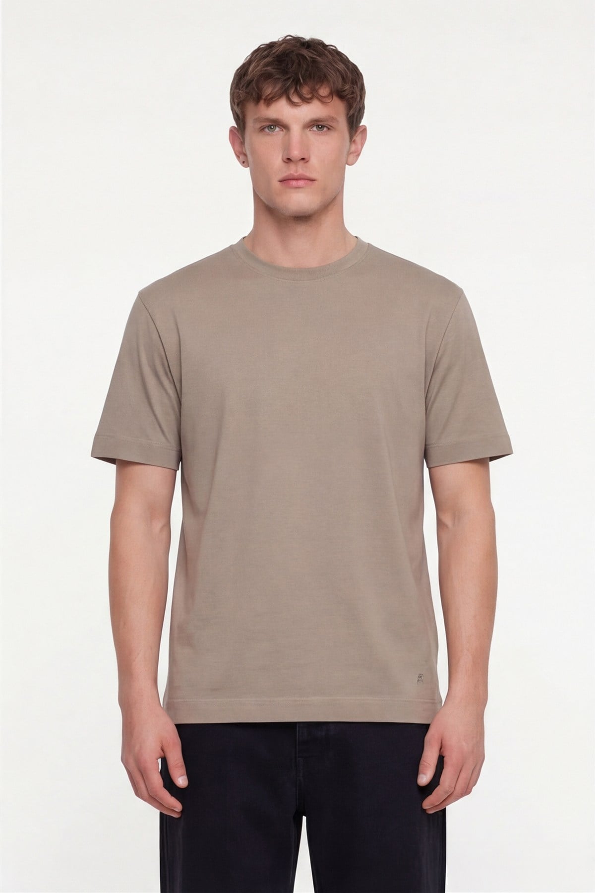 Erkek Camel Normal Kesim Regular Fit %100 Pamuk Dokuma Bisiklet Yaka Basic T-Shirt