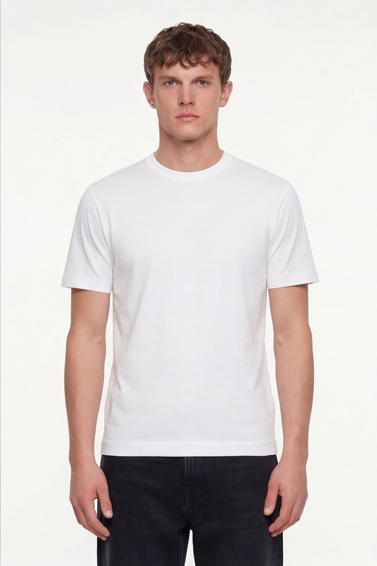 Erkek Ekru Normal Kesim Regular Fit %100 Pamuk Dokuma Bisiklet Yaka Basic T-Shirt