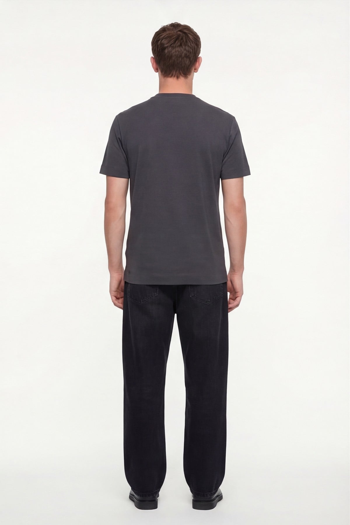 Erkek Füme Normal Kesim Regular Fit %100 Pamuk Dokuma Bisiklet Yaka Basic T-Shirt